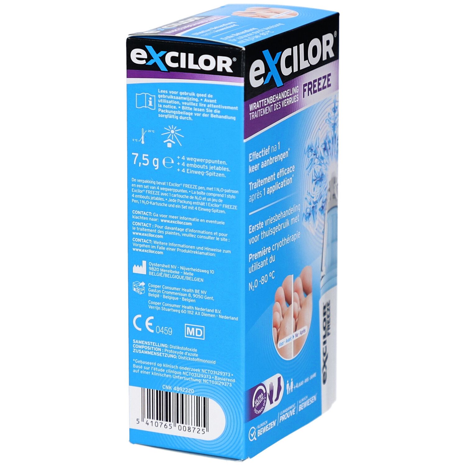 Blauwe verpakking met tekst en productinformatie. Bevat het woord "FREEZE". Toont een close-up van het product.