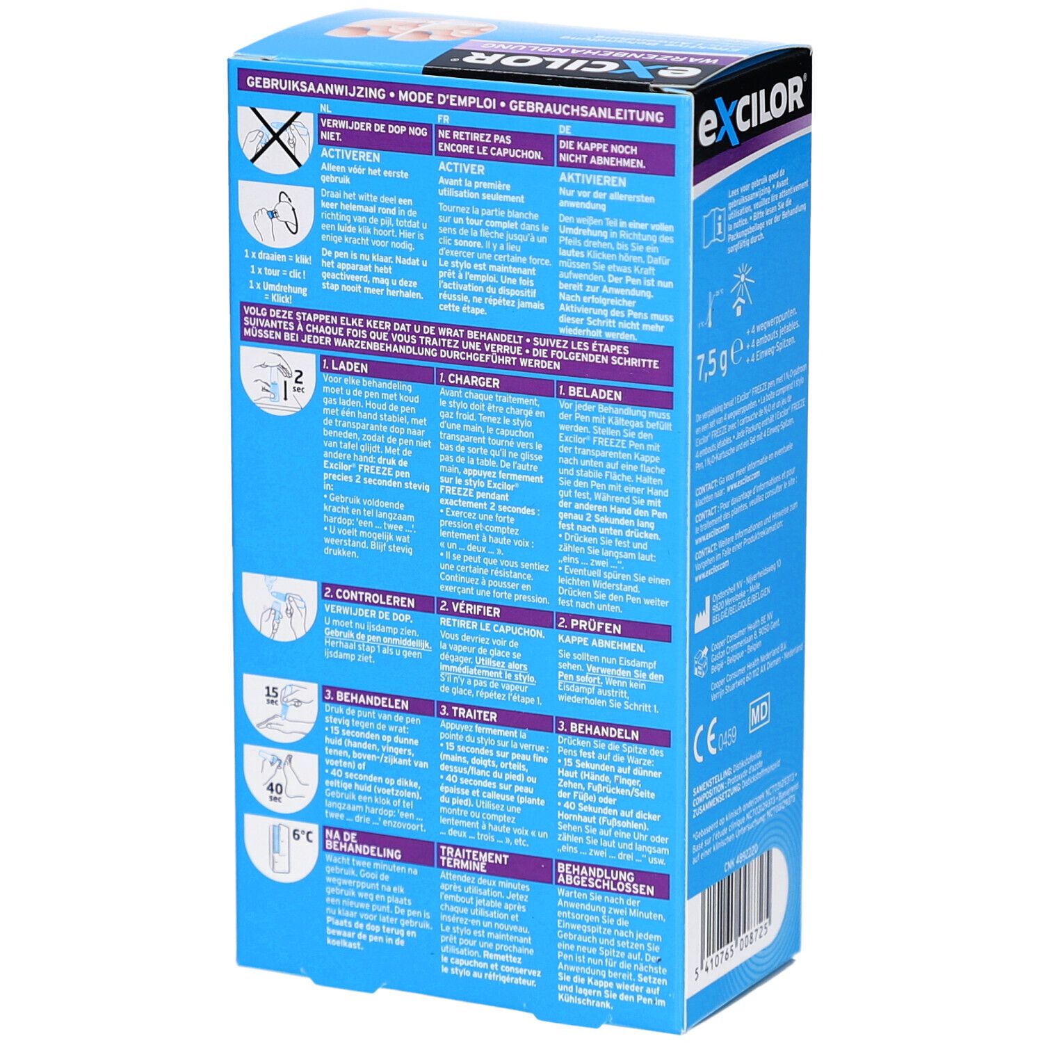 Blauwe verpakking van Excilor Freeze. Achterkant met meertalige gebruiksaanwijzing. Bevat pictogrammen en tekst.
