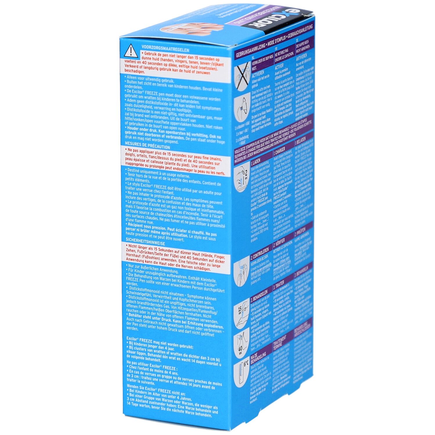 Blauwe verpakking met tekst en waarschuwingen. Bevat het woord "FREEZE". Toont pictogrammen en tekst in meerdere talen.