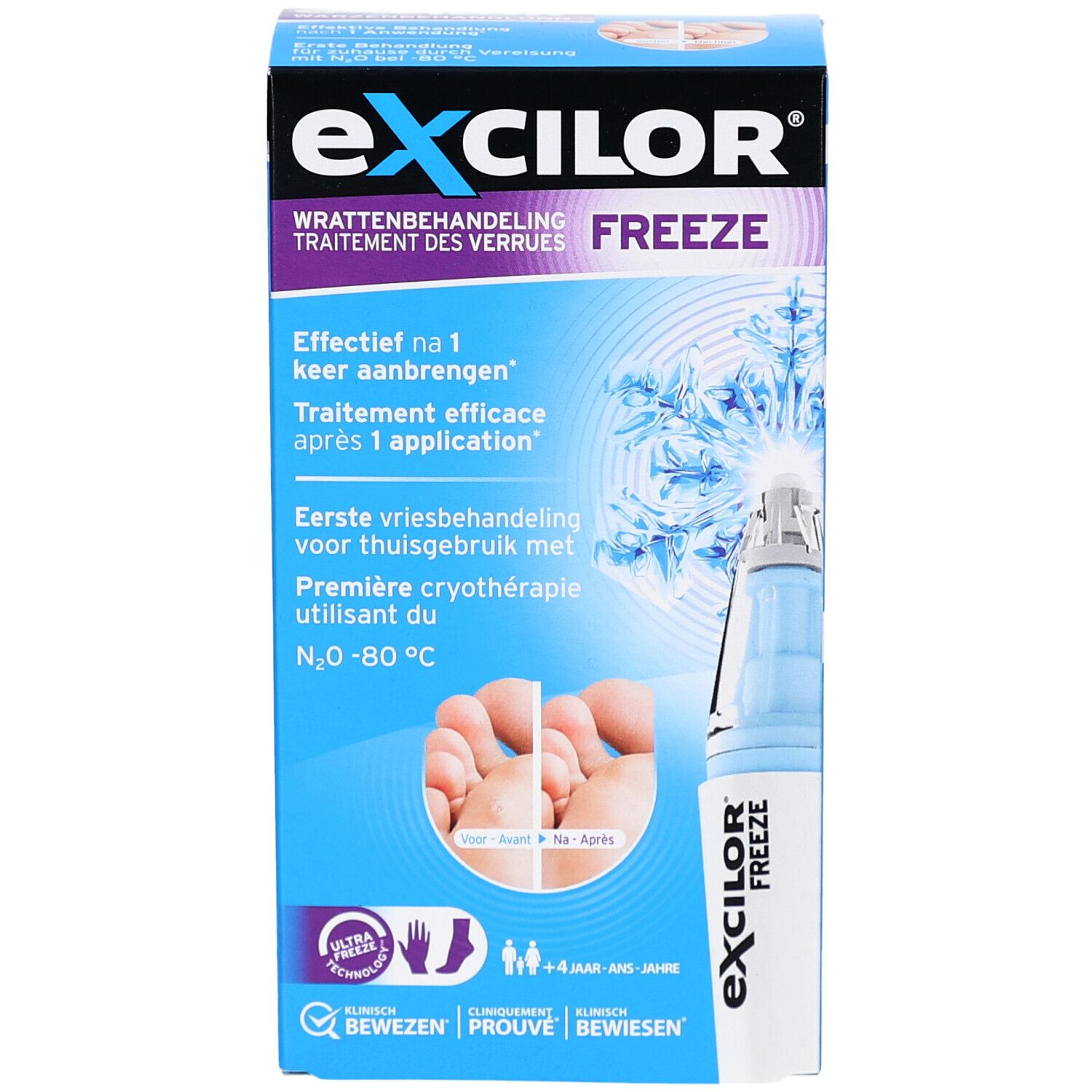 Blauwe verpakking met productafbeelding en tekst. Bevat het woord "FREEZE". Toont voeten voor en na de behandeling.
