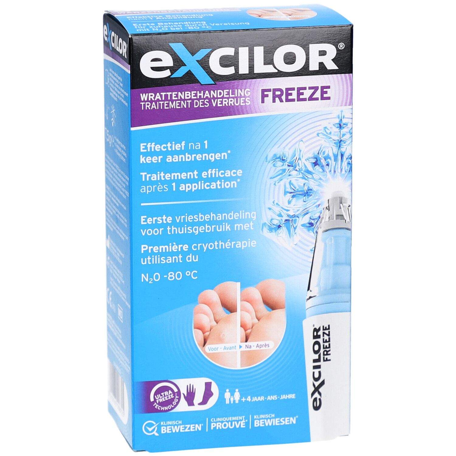 Blauwe verpakking met productafbeelding en tekst. Bevat het woord "FREEZE". Toont voeten voor en na de behandeling.