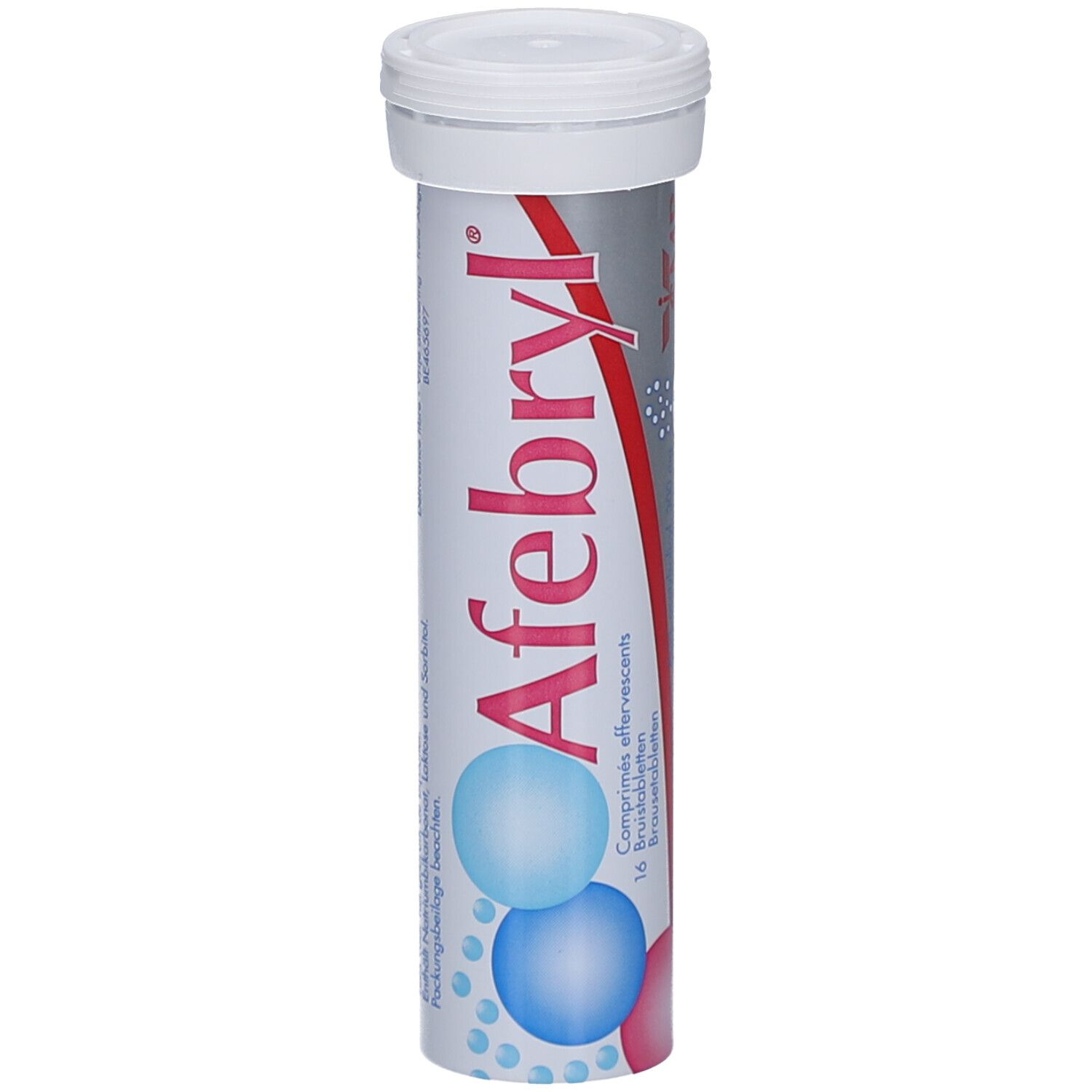 Cilindrische tube met witte dop. Opschrift "Afebryl". Bevat 16 bruistabletten. Blauwe en roze bollen als design.
