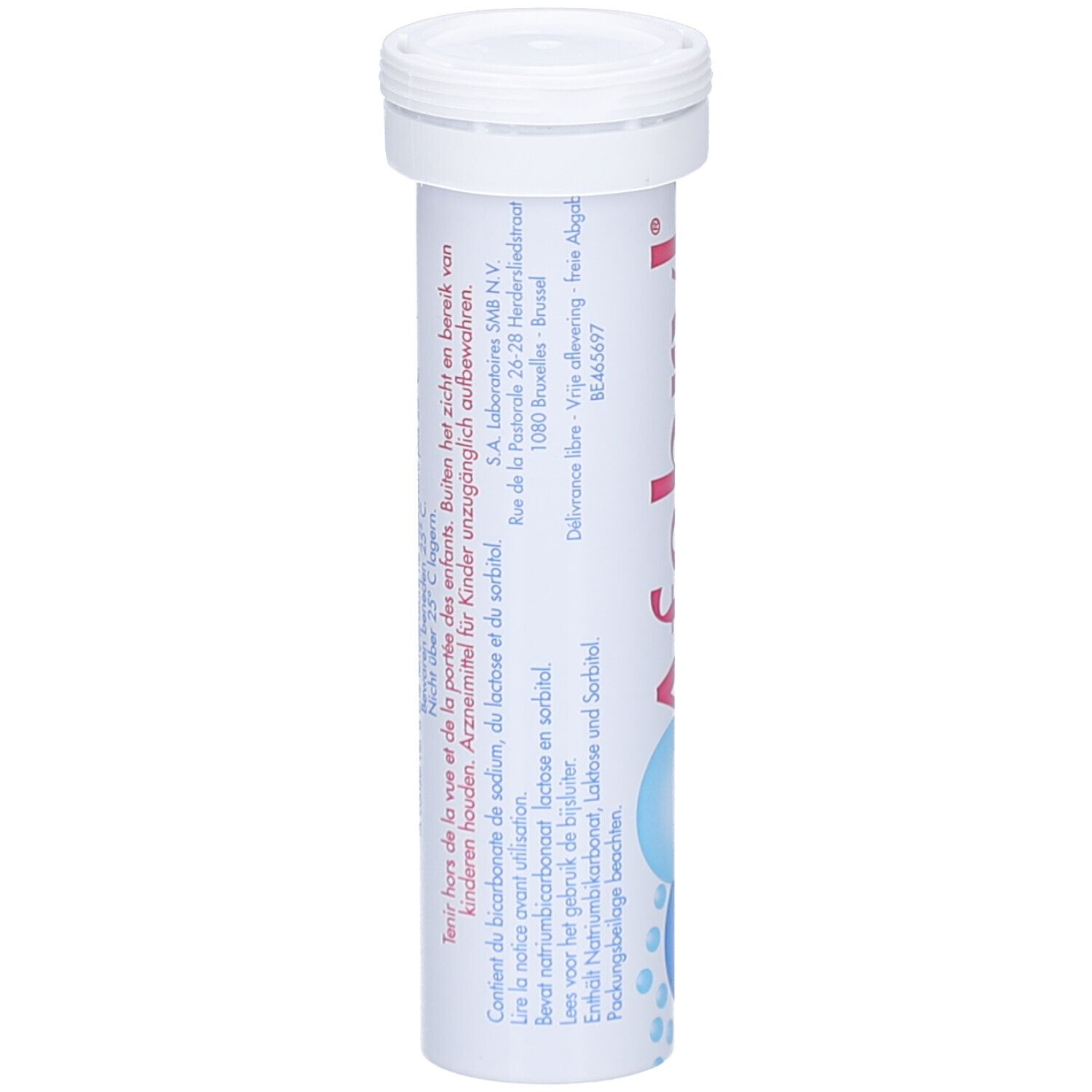 Cilindrische tube met witte dop. Meertalige tekst. Informatie over bewaring en ingrediënten.