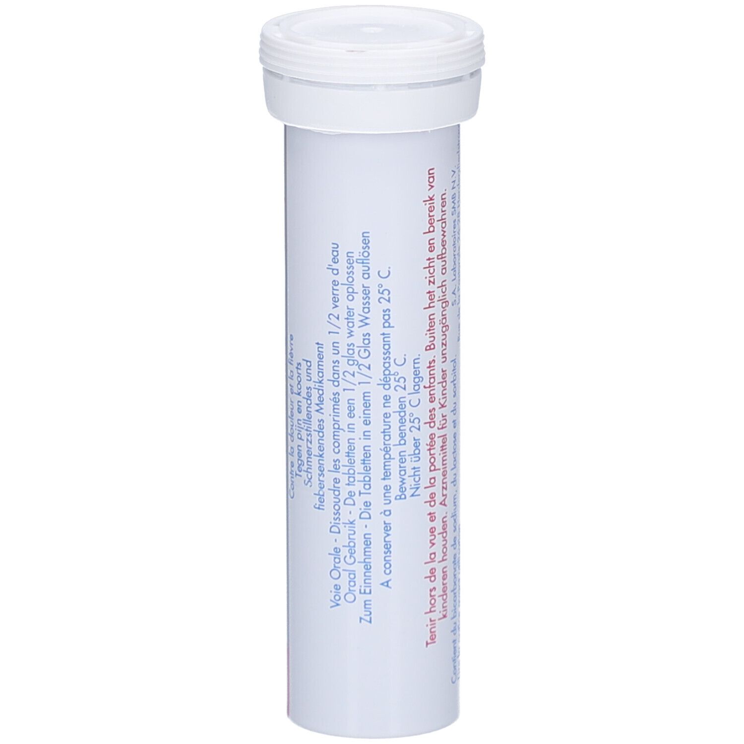 Cilindrische tube met witte dop. Meertalige tekst. Informatie over gebruik.