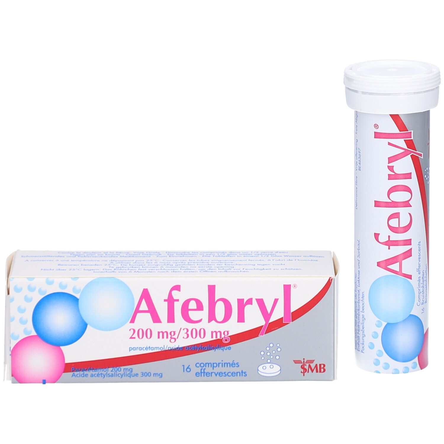 Verpakking en tube. Verpakking met opschrift "Afebryl", 200mg/300mg. Bevat 16 bruistabletten.