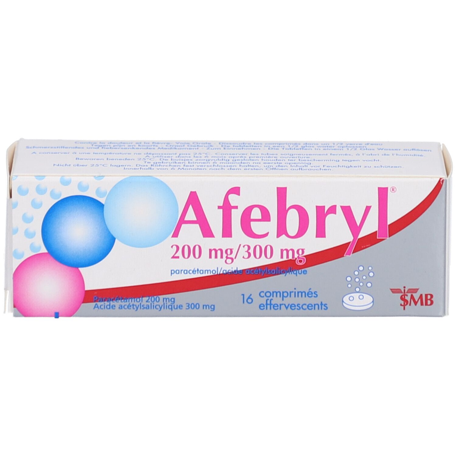 Verpakking met opschrift "Afebryl", 200mg/300mg. Bevat 16 bruistabletten. Blauwe en roze bollen als design.