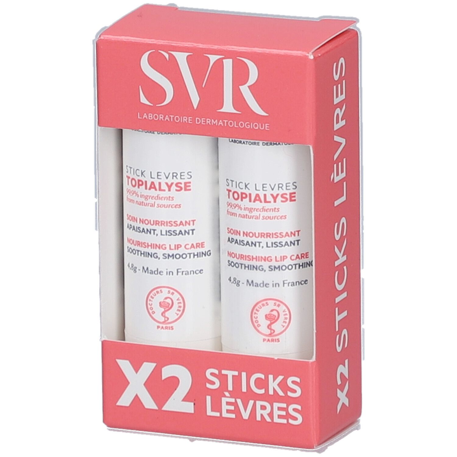Boîte rose et blanche avec deux sticks lèvres SVR Topialyse. Inscription "X2 STICKS LÈVRES".