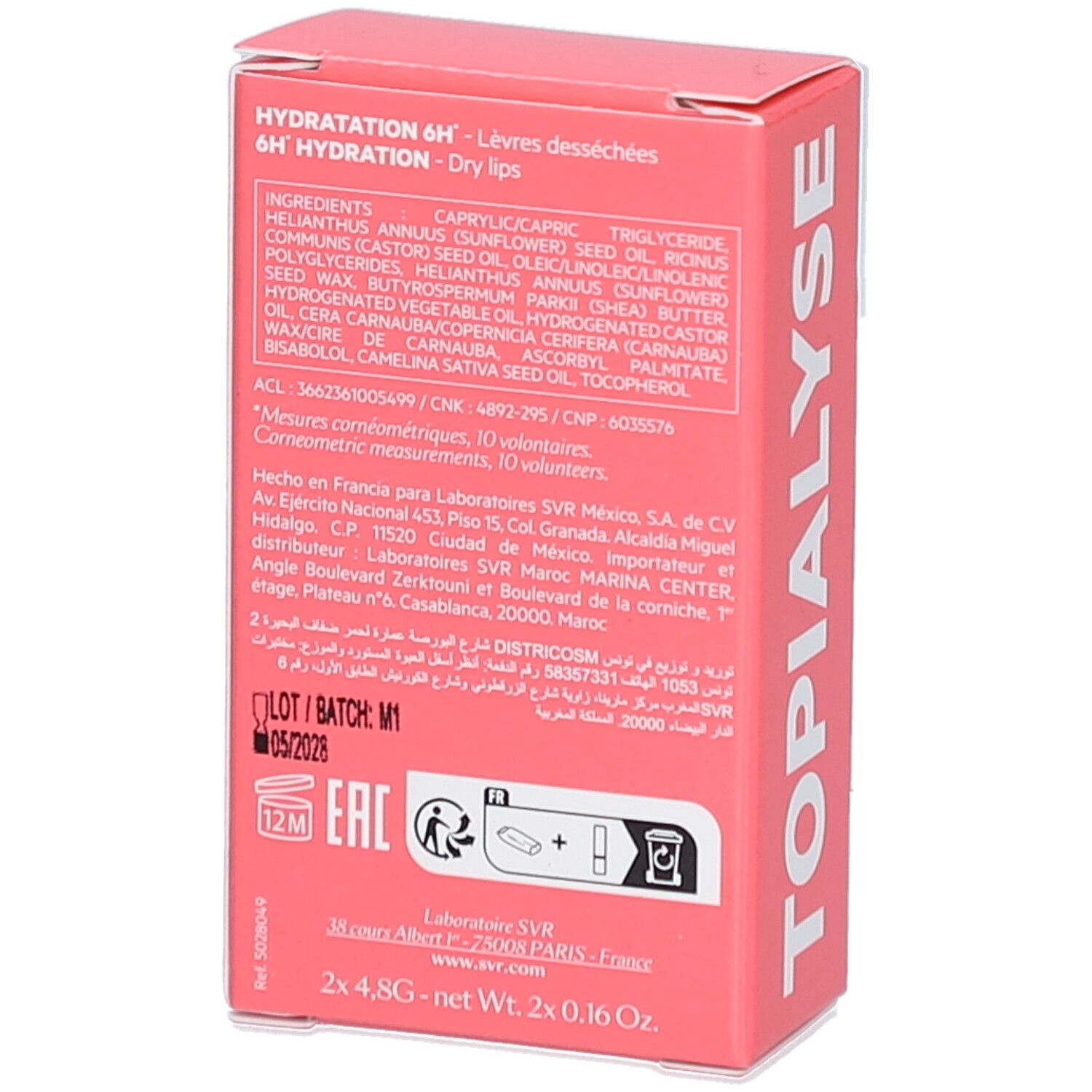 Dos de la boîte rose. Ingrédients, informations fabricant et numéro de lot.