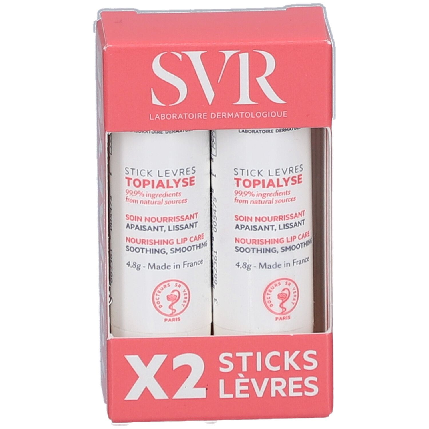 Boîte rose et blanche avec deux sticks lèvres SVR Topialyse. Inscription "X2 STICKS LÈVRES".