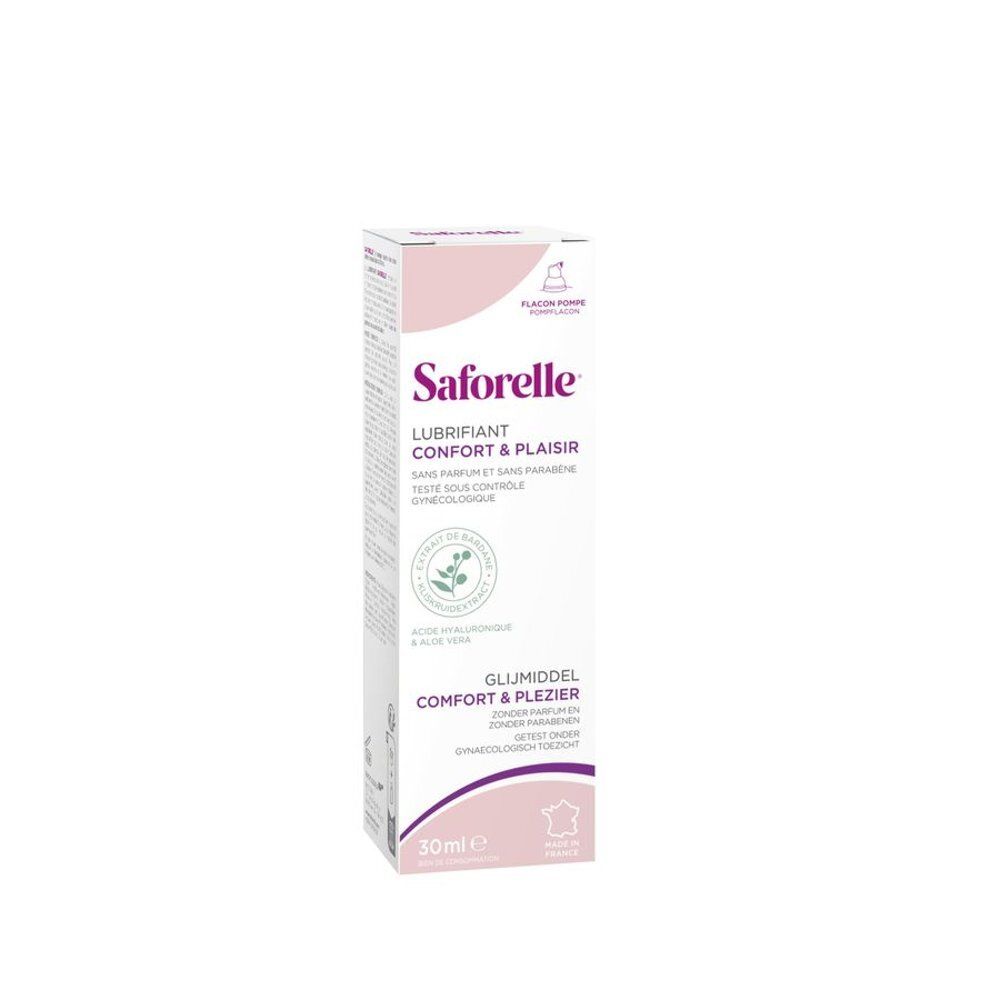 Emballage de Saforelle Lubrifiant Confort & Plaisir. Rose et blanc. Texte: Lubrifiant Confort & Plaisir. 30ml.
