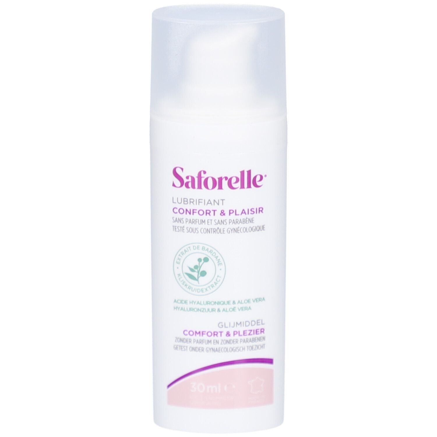 Flacon blanc Saforelle. Inscription: Lubrifiant Confort & Plaisir. Sans parfum et parabène. Extrait de bardane et aloe vera.