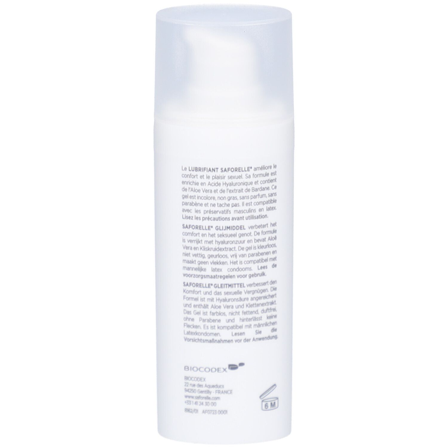 Dos du flacon blanc. Texte en français, néerlandais et allemand. Informations sur les ingrédients et l'utilisation.