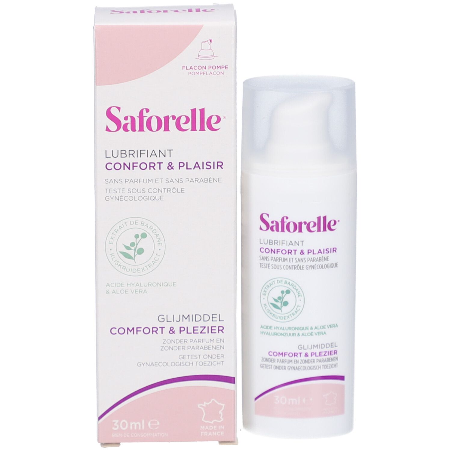 Produit et emballage. Saforelle Lubrifiant Confort & Plaisir. Flacon et boîte. Rose et blanc. 30ml.
