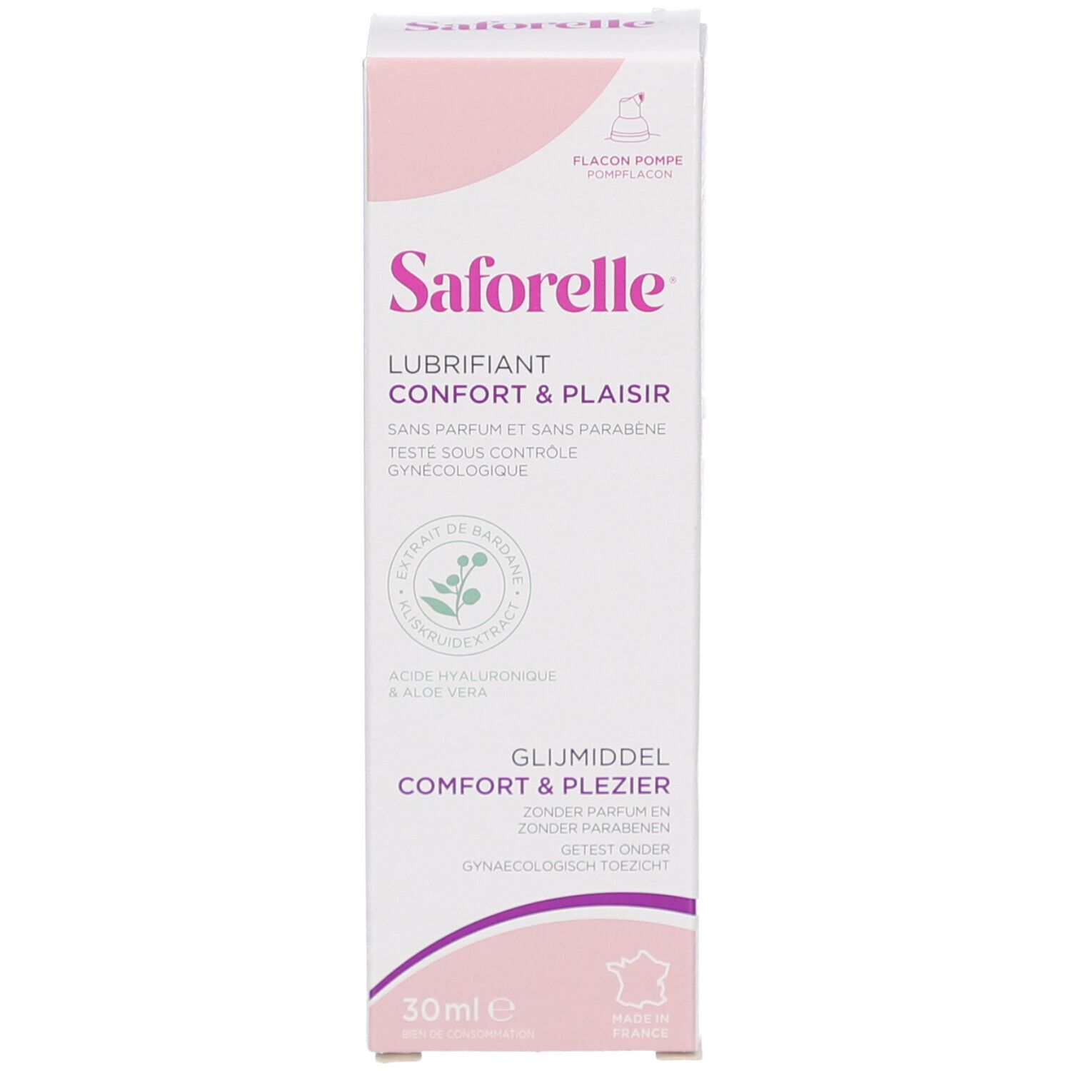 Emballage de Saforelle Lubrifiant Confort & Plaisir. Rose et blanc. Texte: Lubrifiant Confort & Plaisir. 30ml.