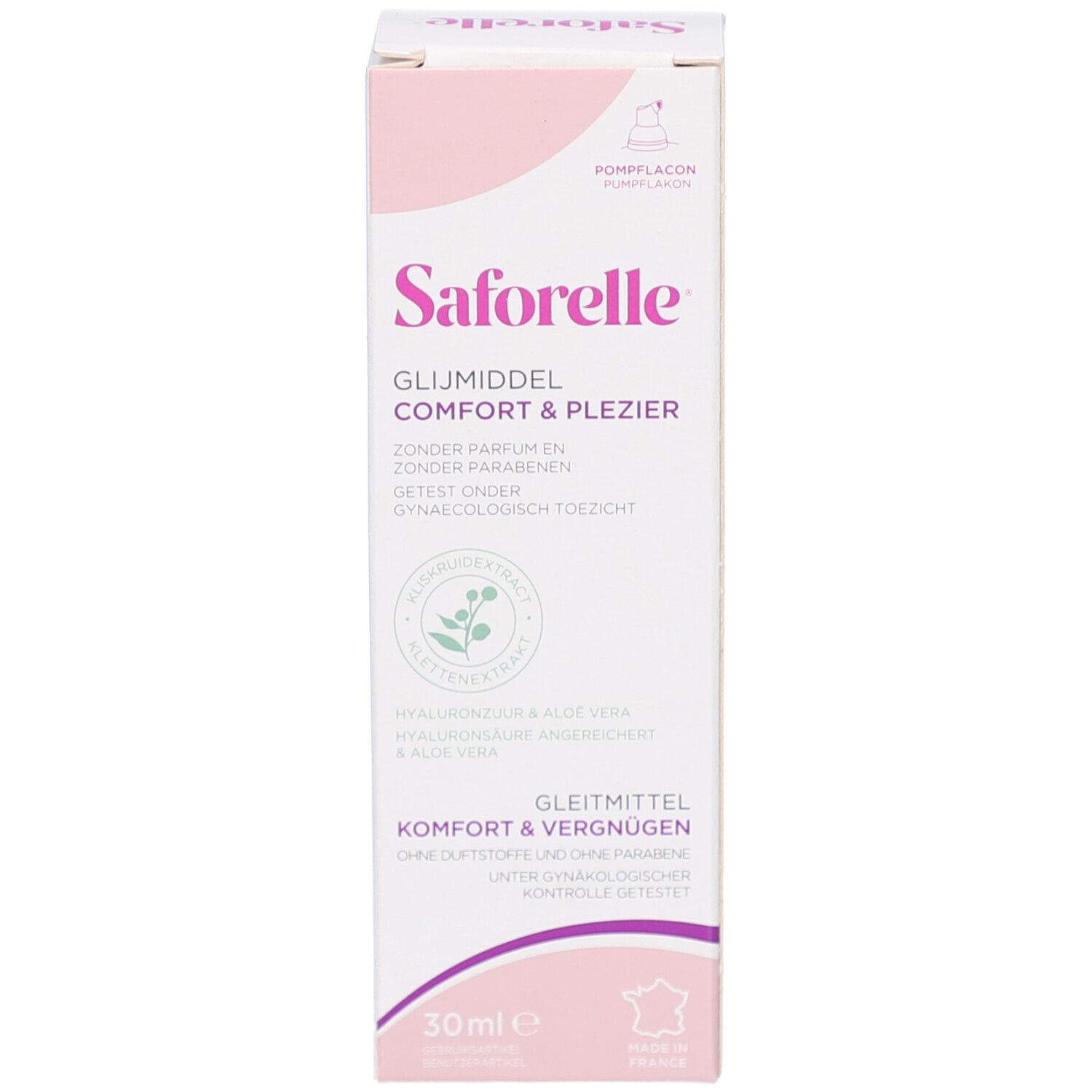 Emballage de Saforelle Lubrifiant Confort & Plaisir. Rose et blanc. Texte: Lubrifiant Confort & Plaisir. 30ml.