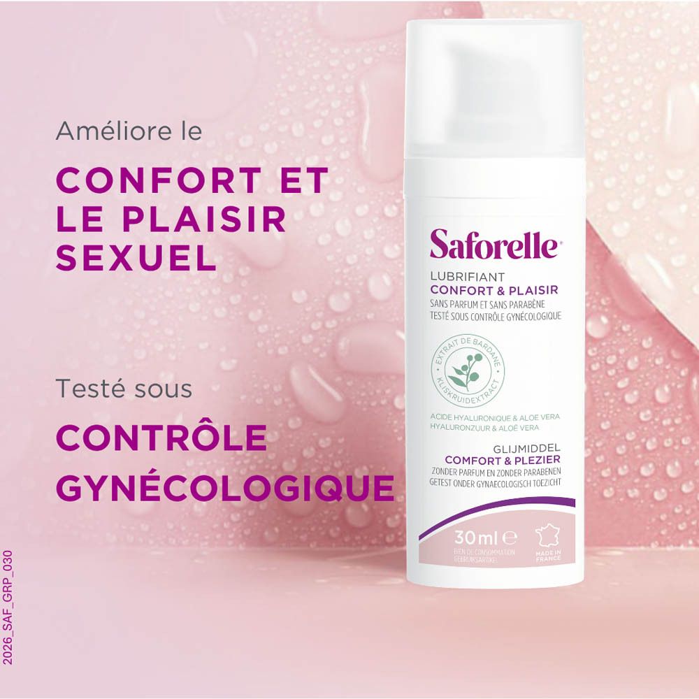 Arrière d'un flacon Saforelle Lubrifiant avec informations produit.