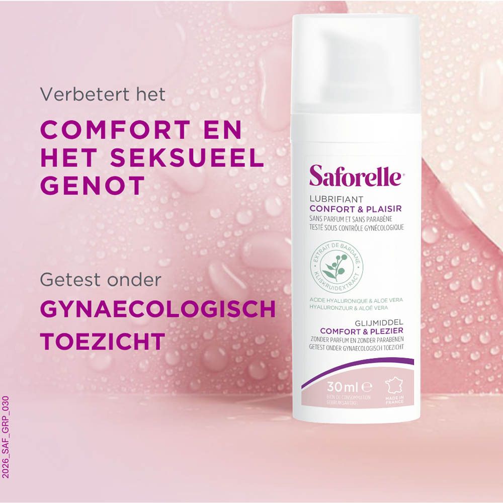 Achterkant van een Saforelle glijmiddel fles met productinformatie.