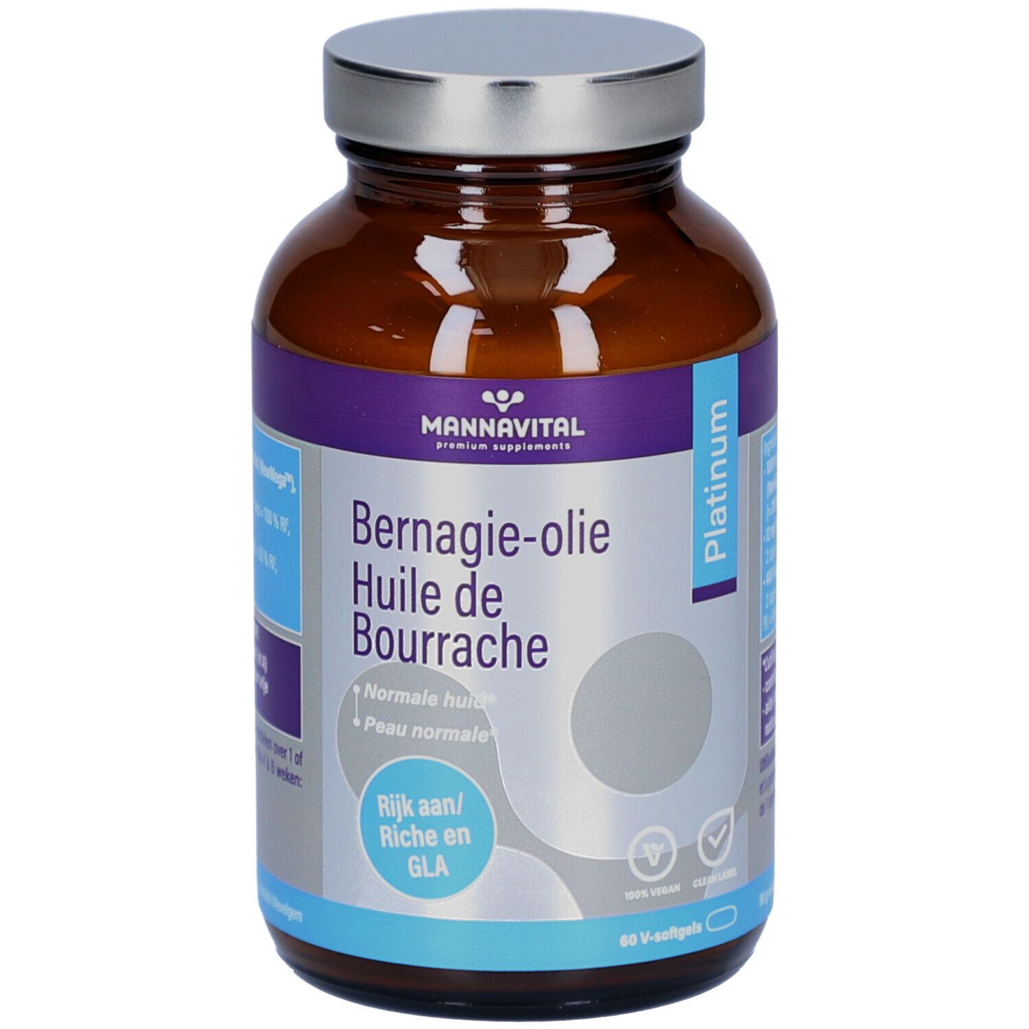 Bruine glazen fles met zilveren dop. Etiket met productnaam en logo. Bevat 60 V-softgels.