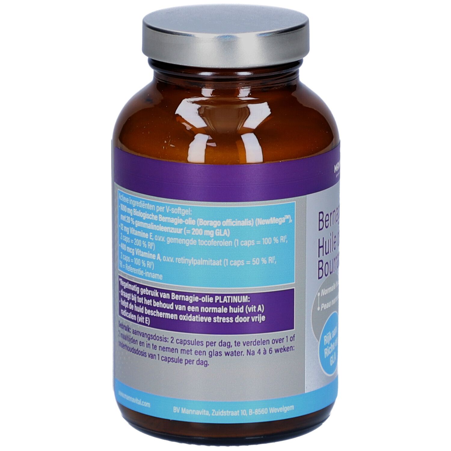 Achterkant van de fles. Etiket met ingrediënten en gebruiksaanwijzing. Bevat 60 V-softgels.