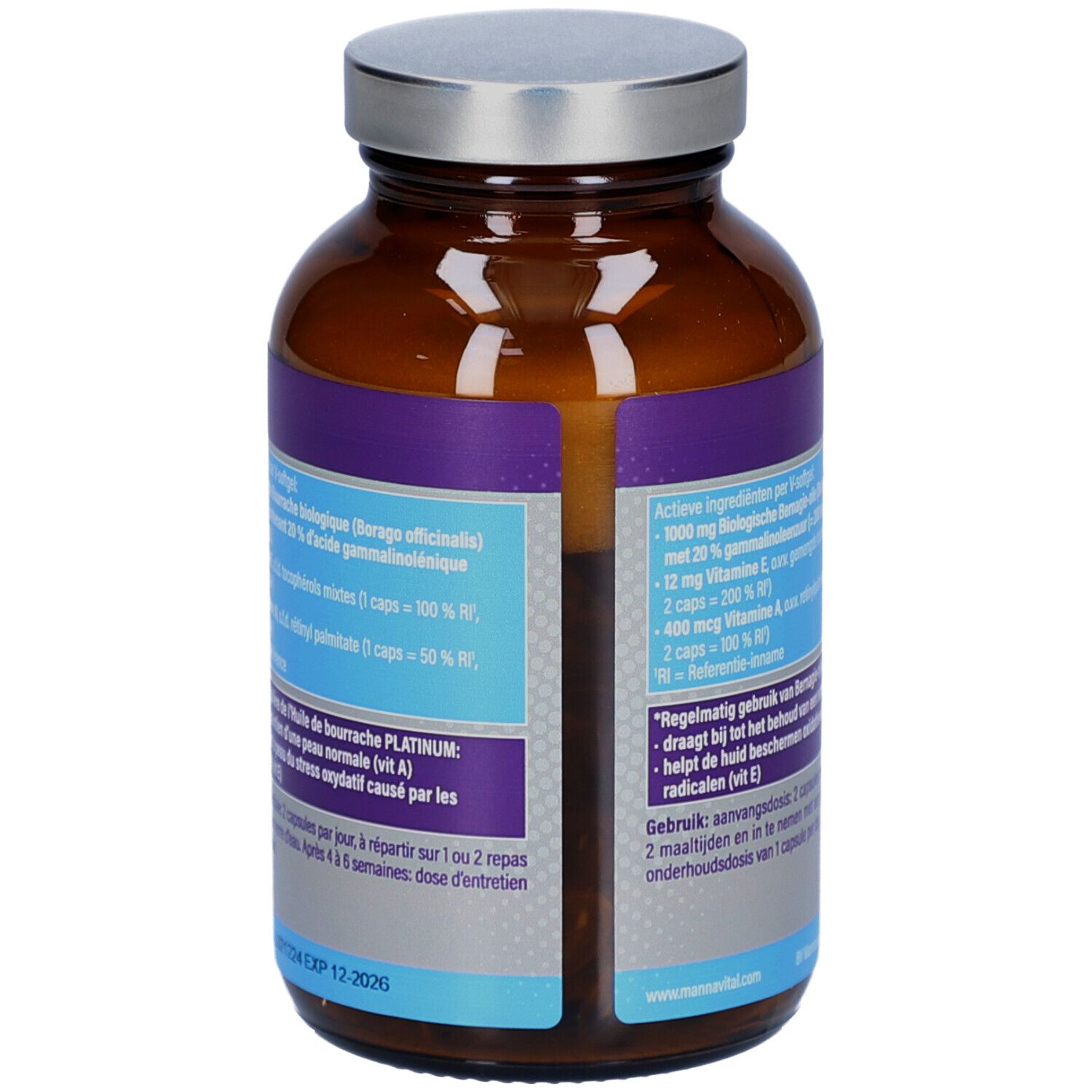 Achterkant van de fles. Etiket met ingrediënten en gebruiksaanwijzing. Bevat 60 V-softgels.