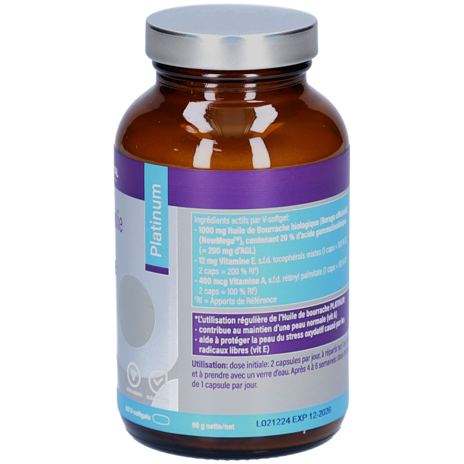 Achterkant van de fles. Etiket met ingrediënten en gebruiksaanwijzing. Bevat 60 V-softgels.