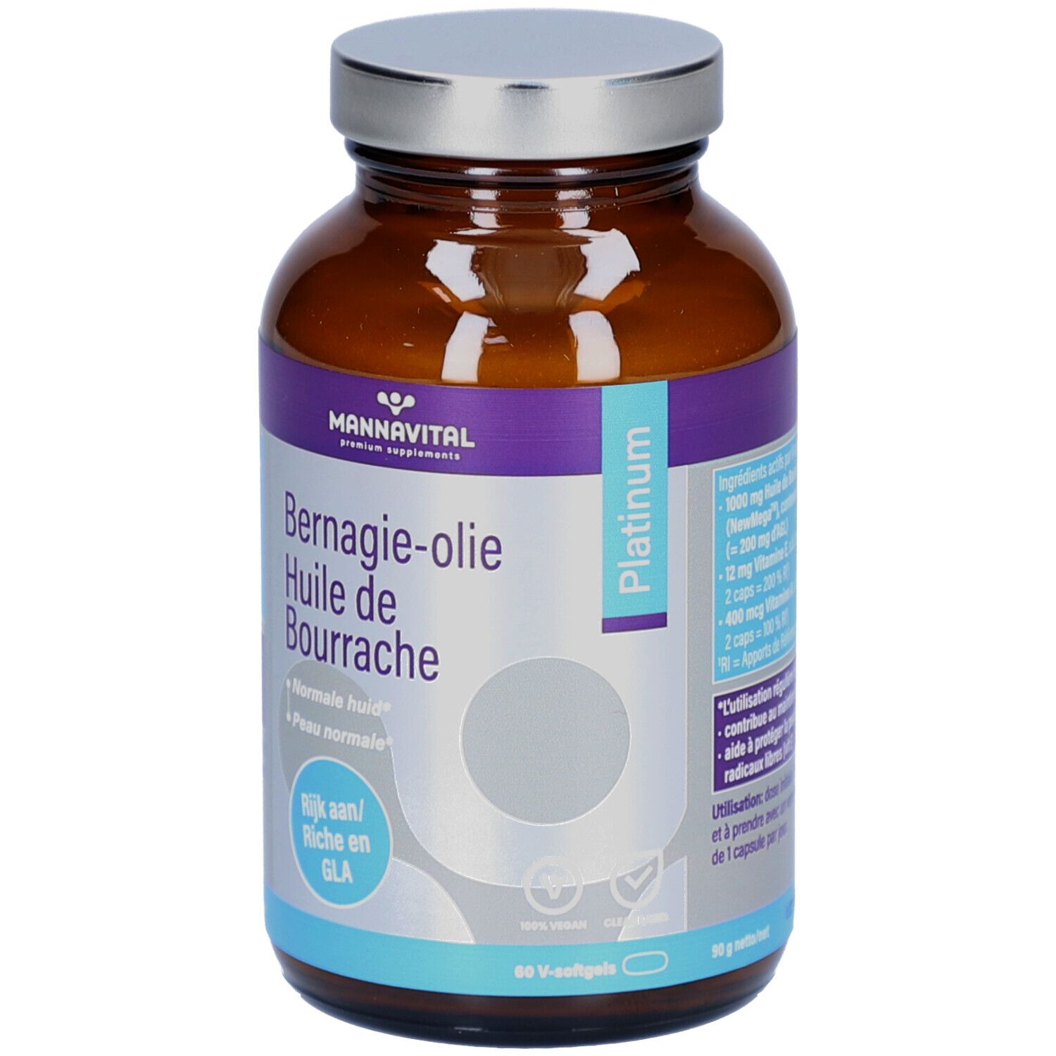 Bruine glazen fles met zilveren dop. Etiket met productnaam en logo. Bevat 60 V-softgels.