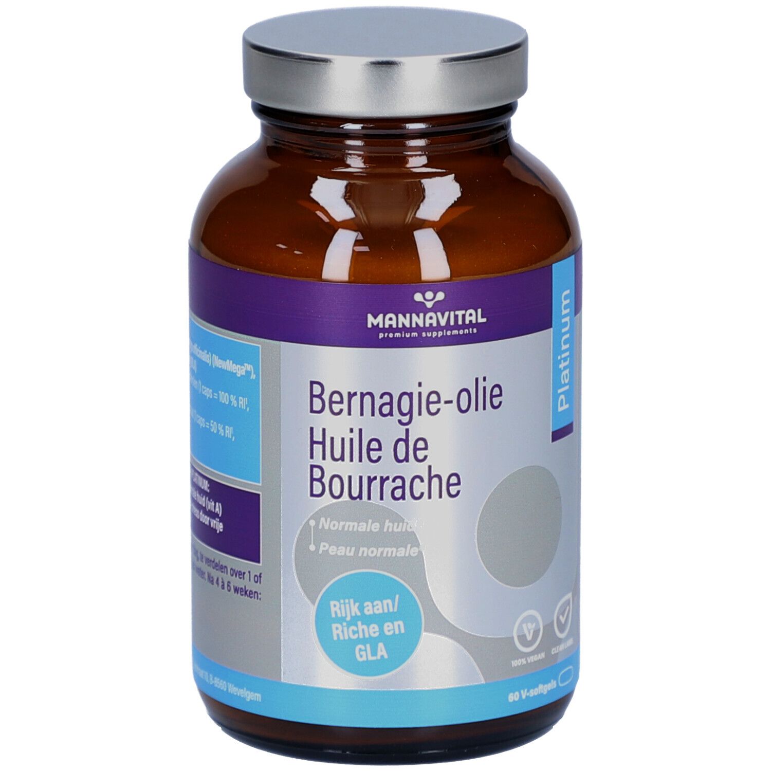 Bruine glazen fles met zilveren dop. Etiket met productnaam en logo. Bevat 60 V-softgels.