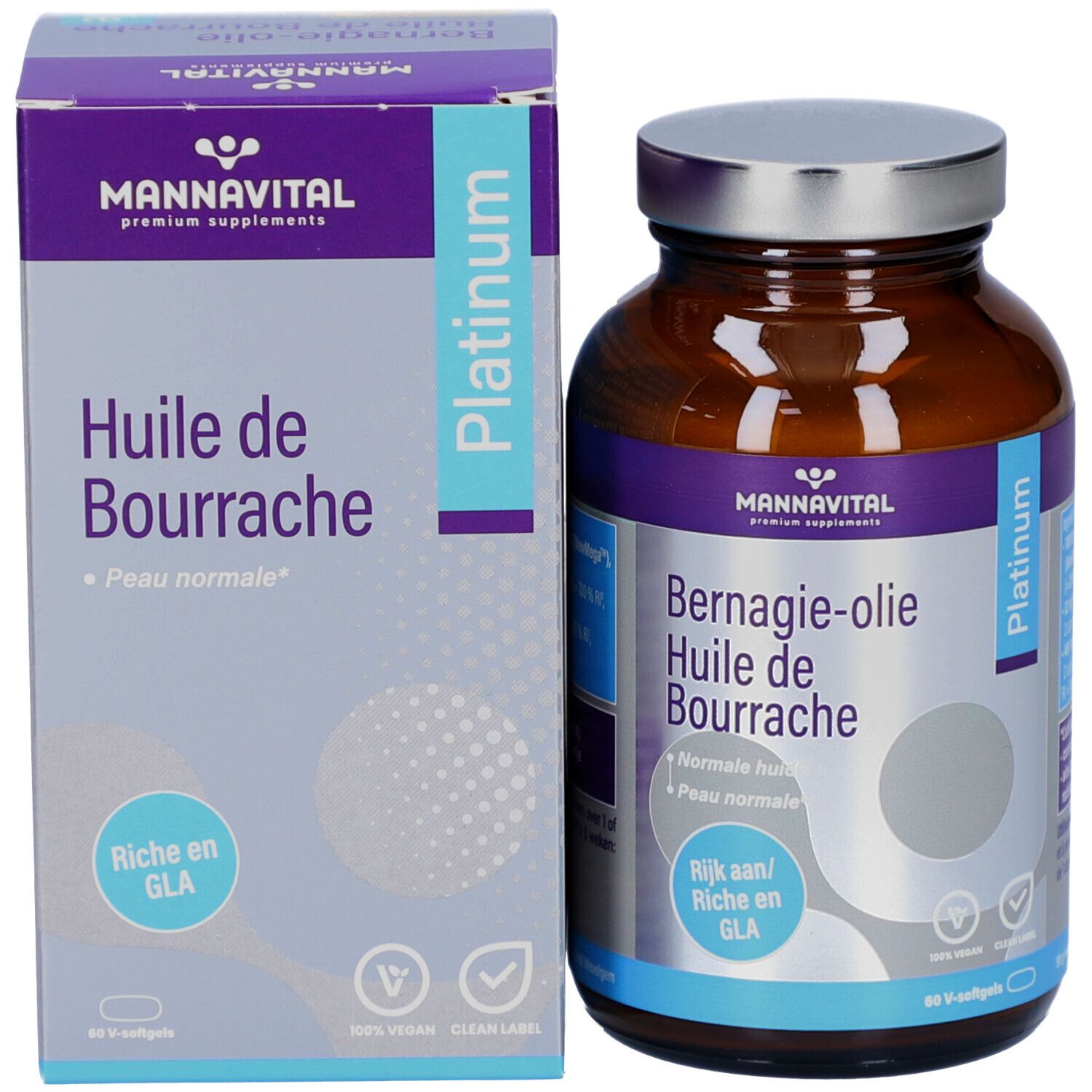 Product en verpakking. Bruine fles en doos. Bevat 60 V-softgels. Logo en productnaam zichtbaar.