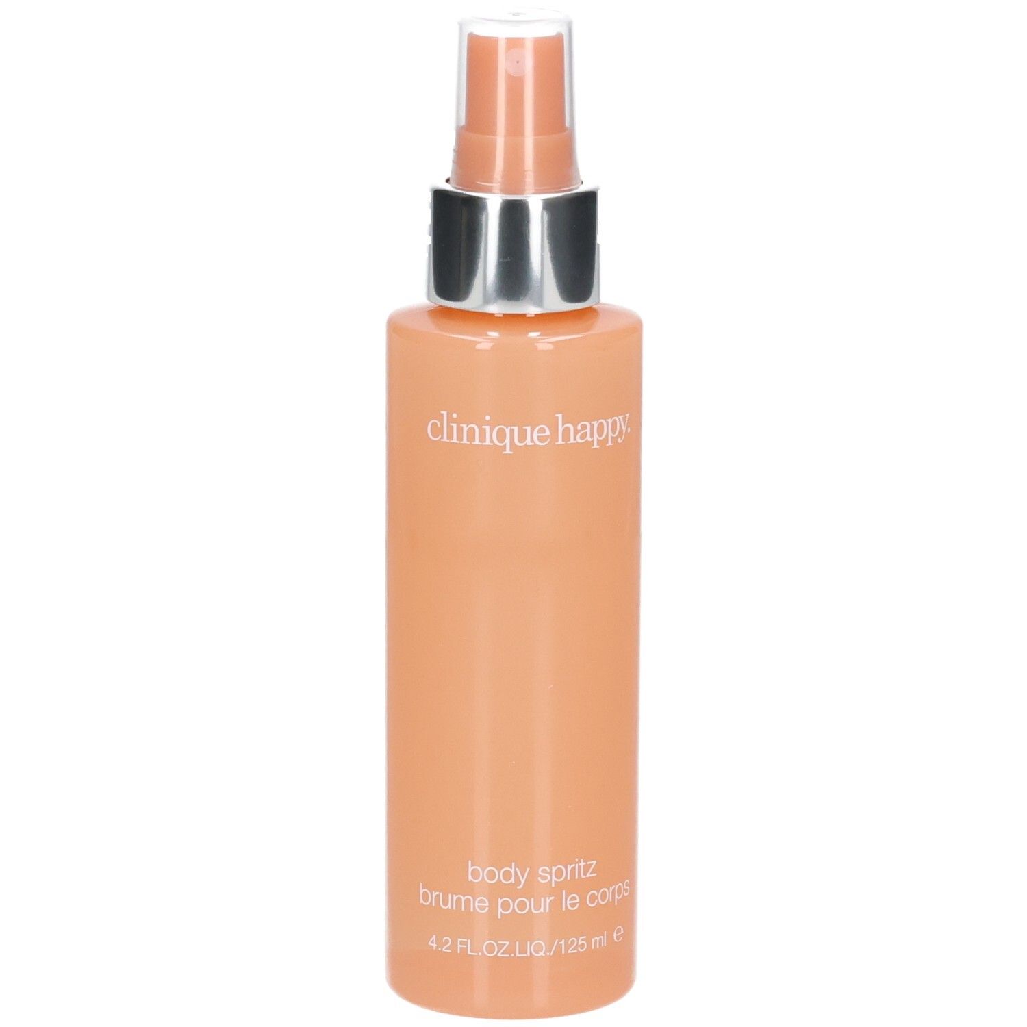 Flacon de brume corporelle pêche. Tête argentée. Inscription: Clinique Happy, Body Spritz, brume pour le corps.