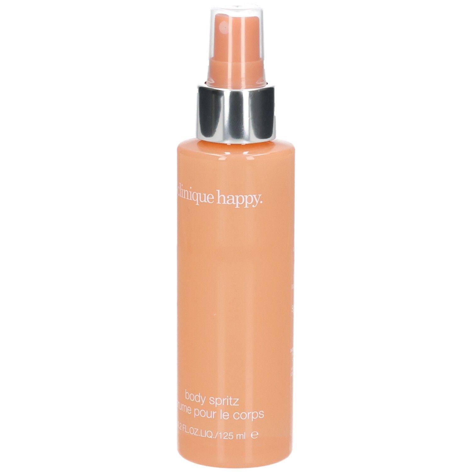 Flacon de brume corporelle pêche. Tête argentée. Inscription: Clinique Happy, Body Spritz, brume pour le corps.