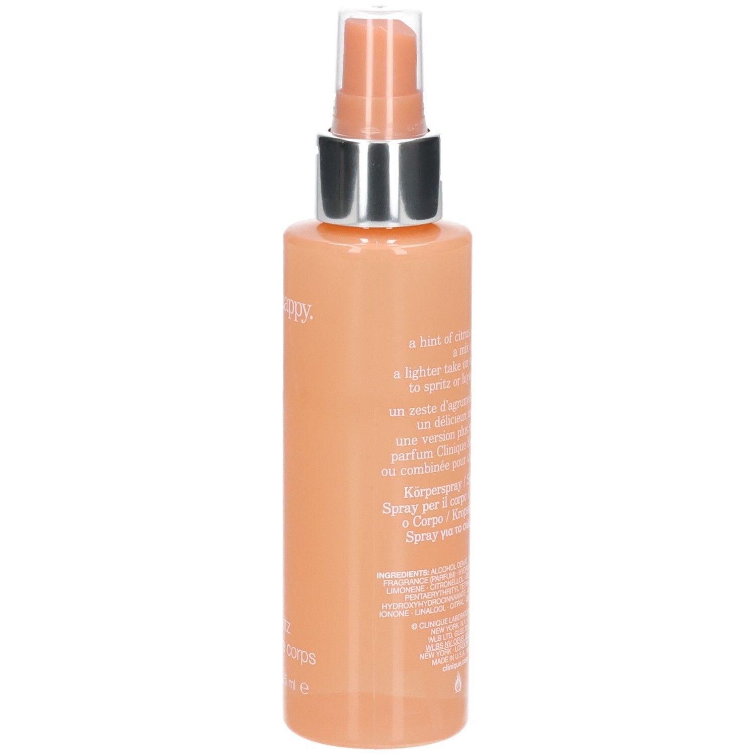 Vue arrière du flacon de brume corporelle. Texte. Inscription: Clinique Happy, Body Spritz, brume pour le corps.
