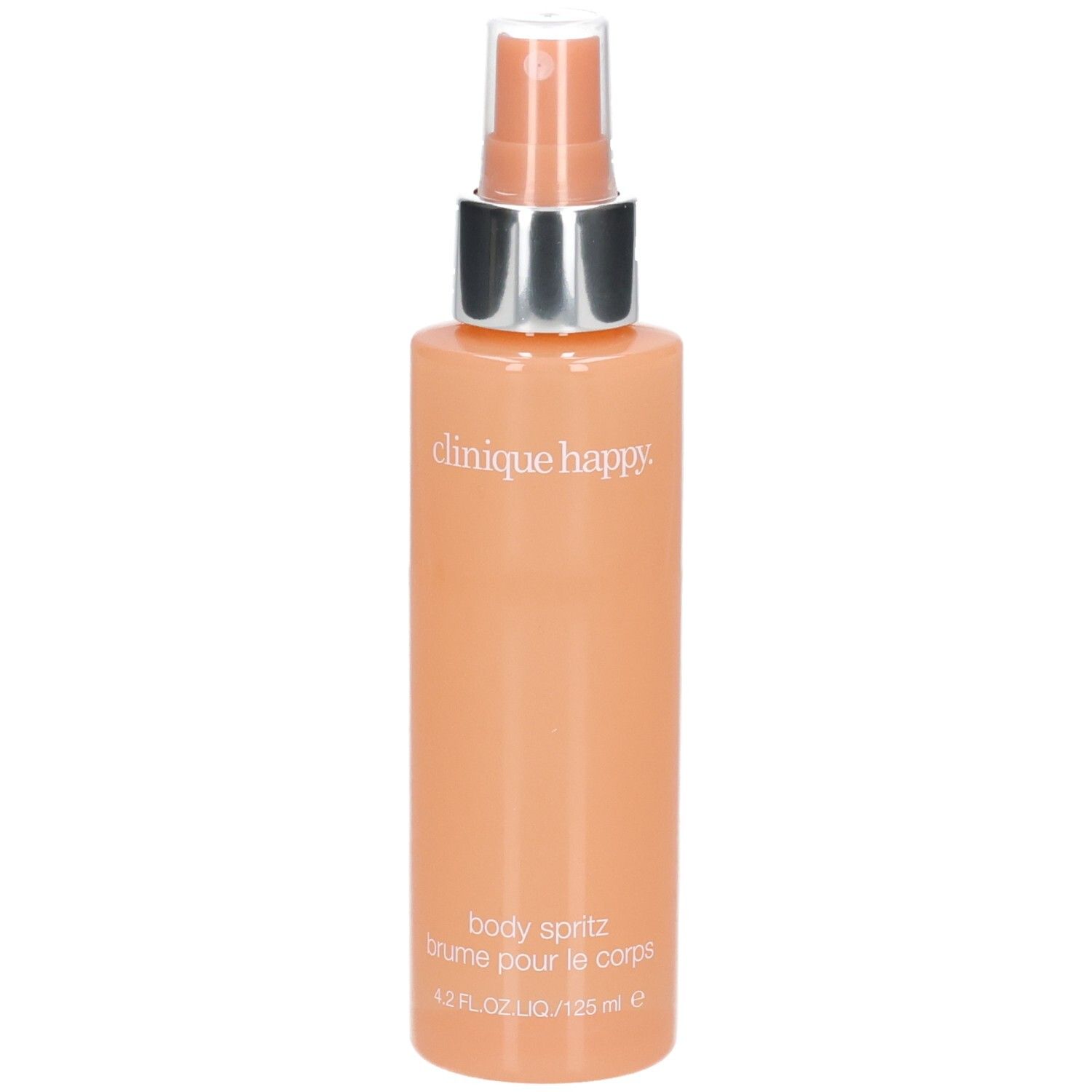 Flacon de brume corporelle pêche. Tête argentée. Inscription: Clinique Happy, Body Spritz, brume pour le corps.