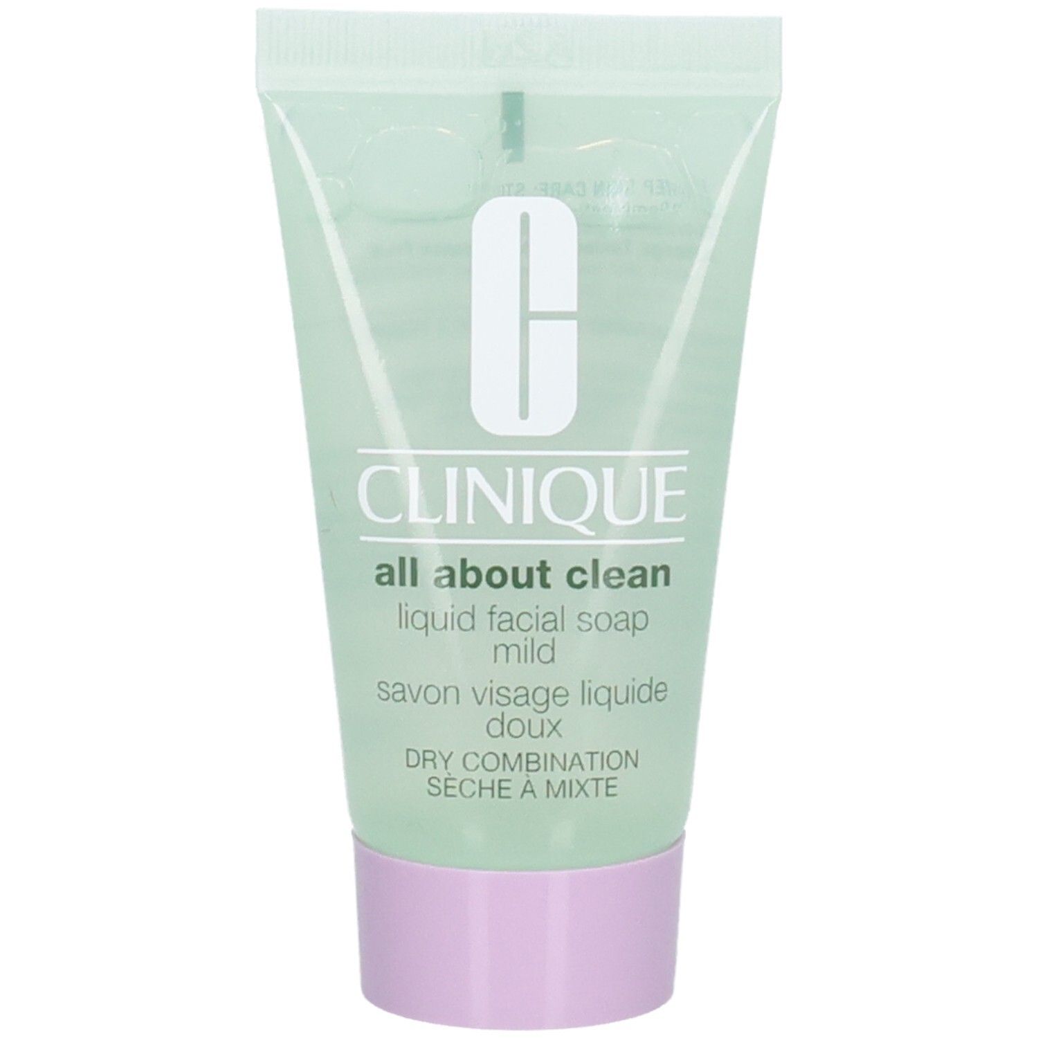 Groene tube met wit Clinique-logo en tekst. Bevat vloeibare gezichtszeep voor de droge tot gemengde huid.