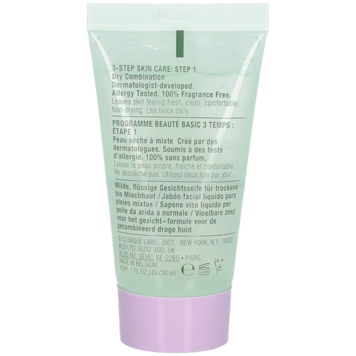 Achterkant van de groene tube. Tekst: 3-Step Skin Care, dermatologisch getest, 100% parfumvrij. Ingrediënten en fabrikant.
