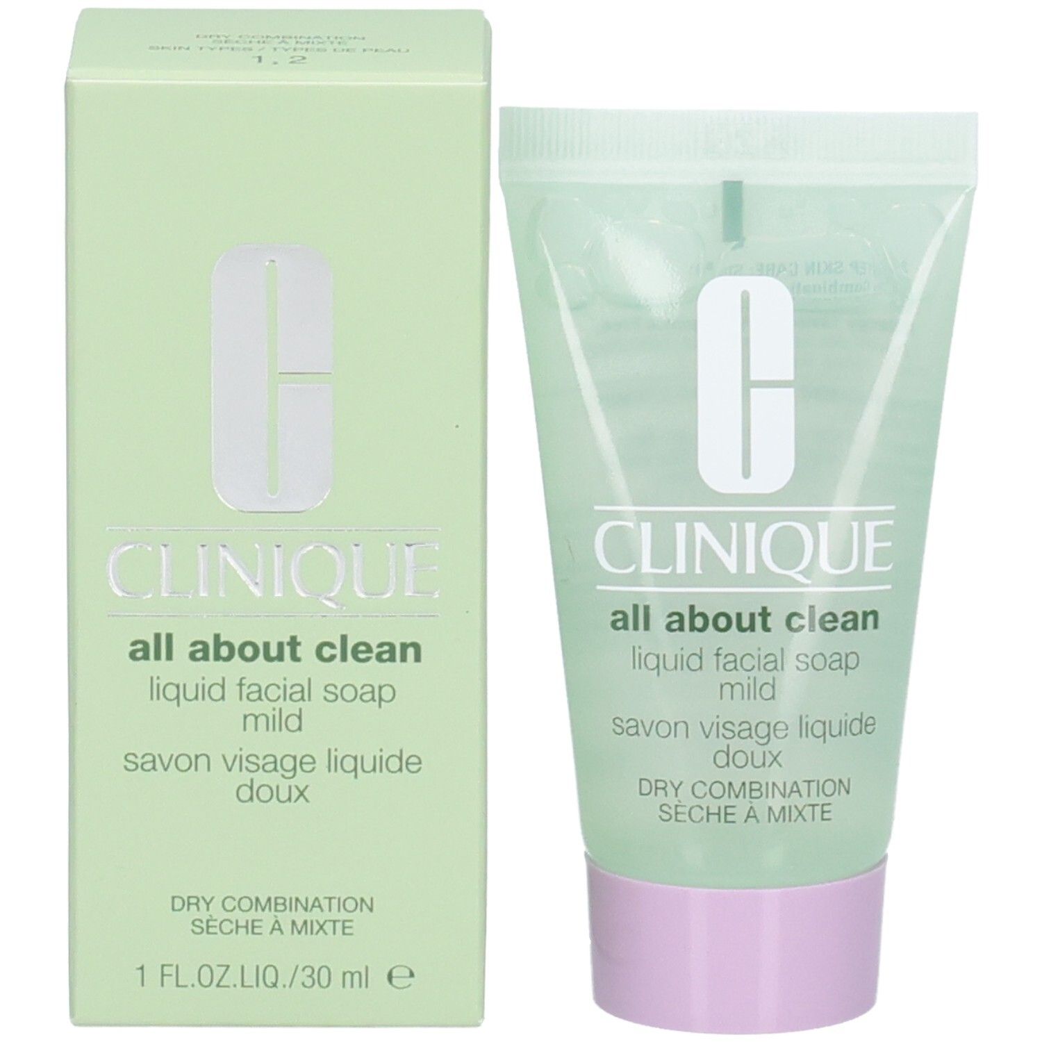 Productverpakking: groene doos en tube. Clinique, All About Clean, milde vloeibare gezichtszeep. Voor de droge tot gemengde huid.