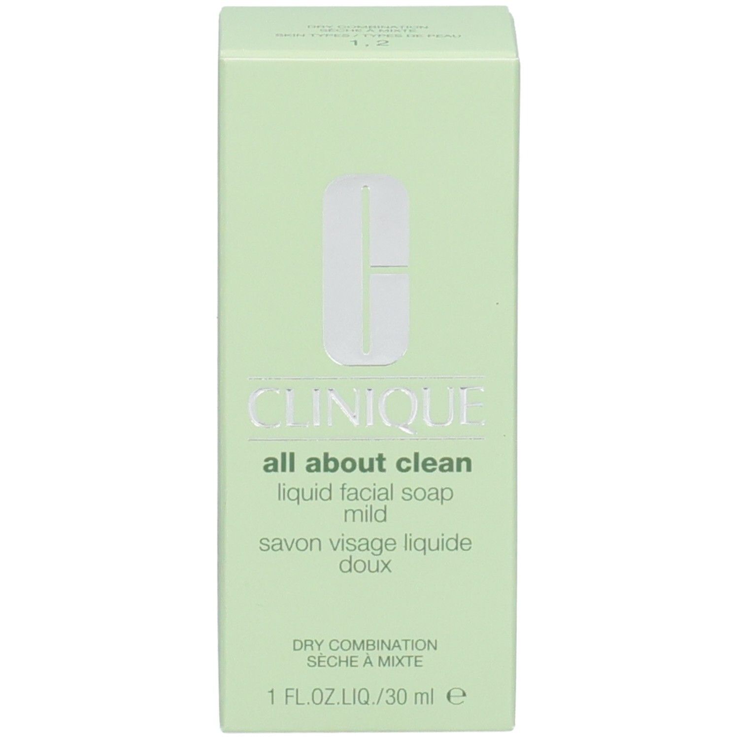 Groene doos met Clinique-logo en productinformatie. All About Clean, milde vloeibare gezichtszeep. Voor de droge tot gemengde huid.