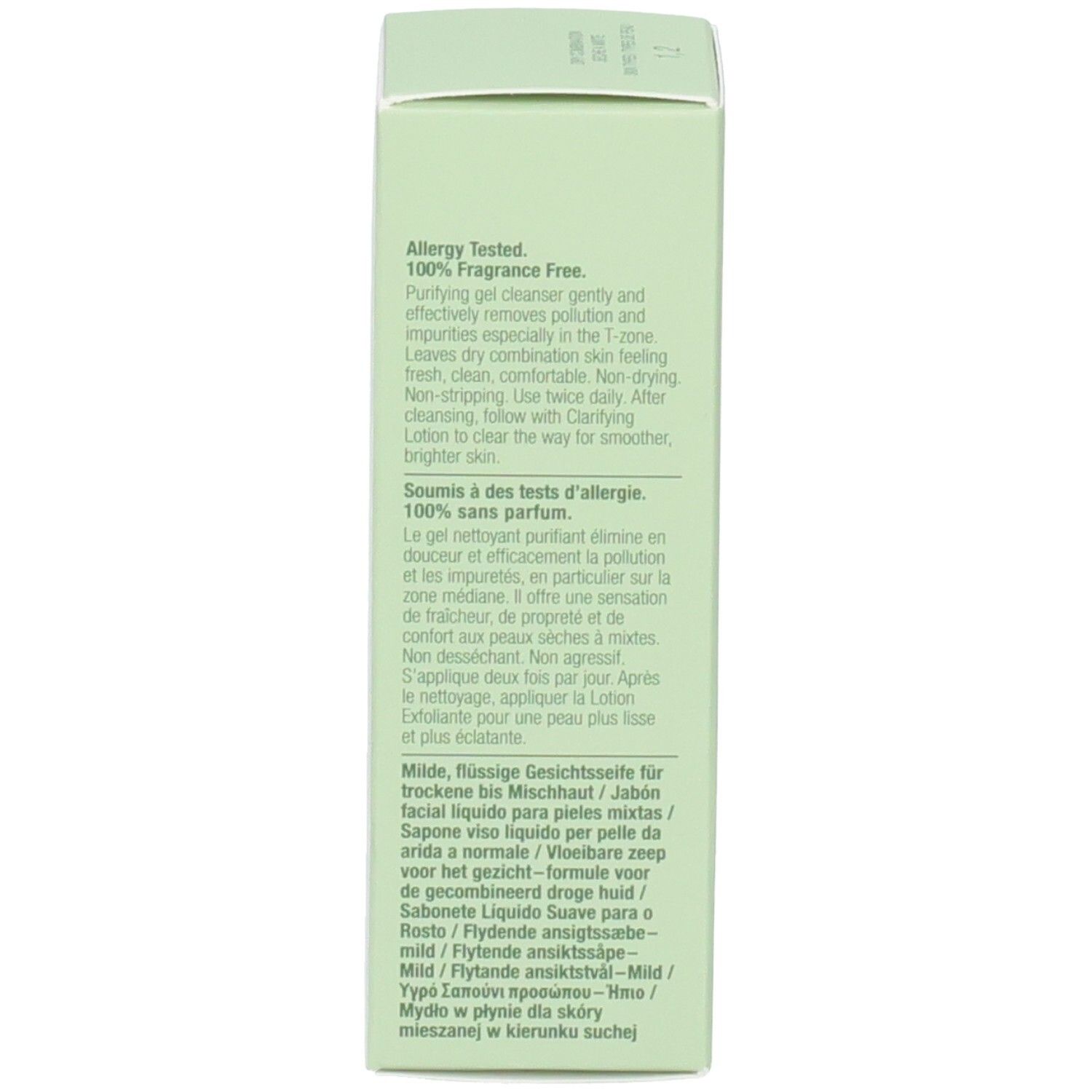 Achterkant van de groene doos. Tekst: 100% parfumvrij, voor de droge tot gemengde huid. Ingrediënten en fabrikantgegevens.