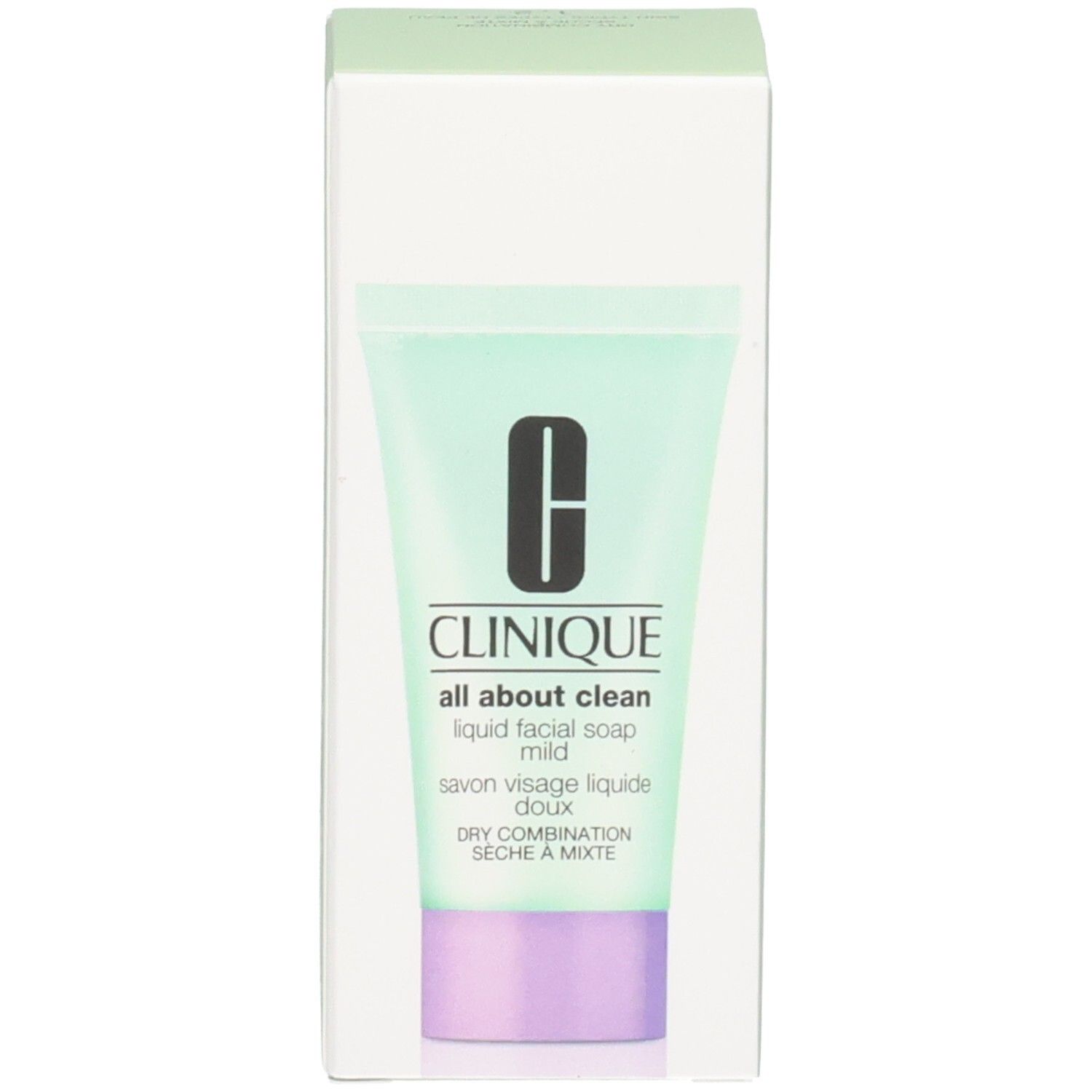 Productverpakking: groene doos met tube. Clinique, All About Clean, milde vloeibare gezichtszeep. Voor de droge tot gemengde huid.