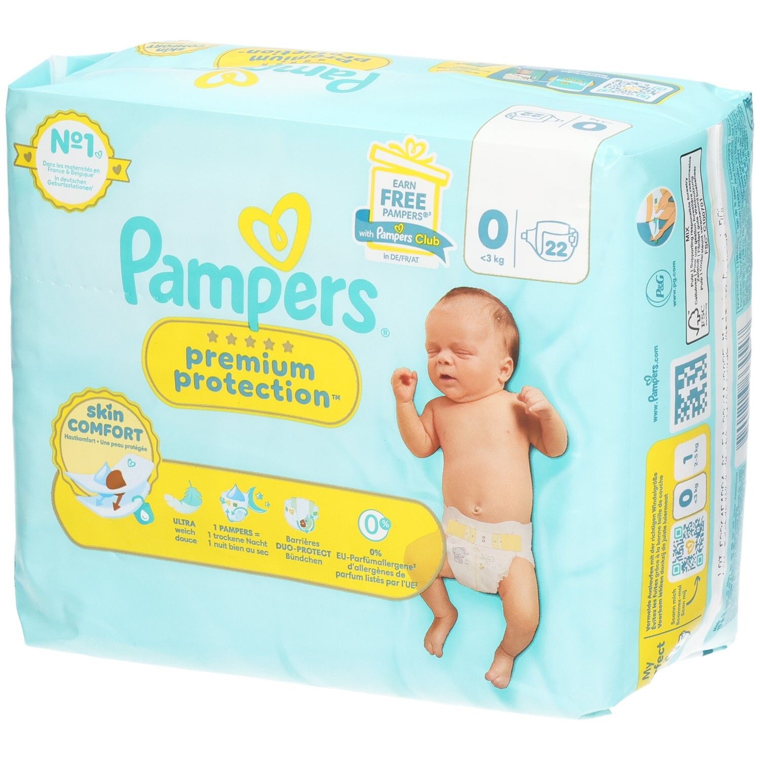 Couches Pampers Premium Protection, taille 0, pour bébés jusqu'à 3 kg, 22 unités.