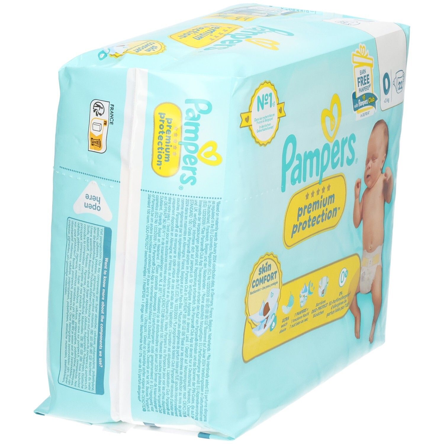 Couches Pampers Premium Protection, taille 0, pour bébés jusqu'à 3 kg, 22 unités.