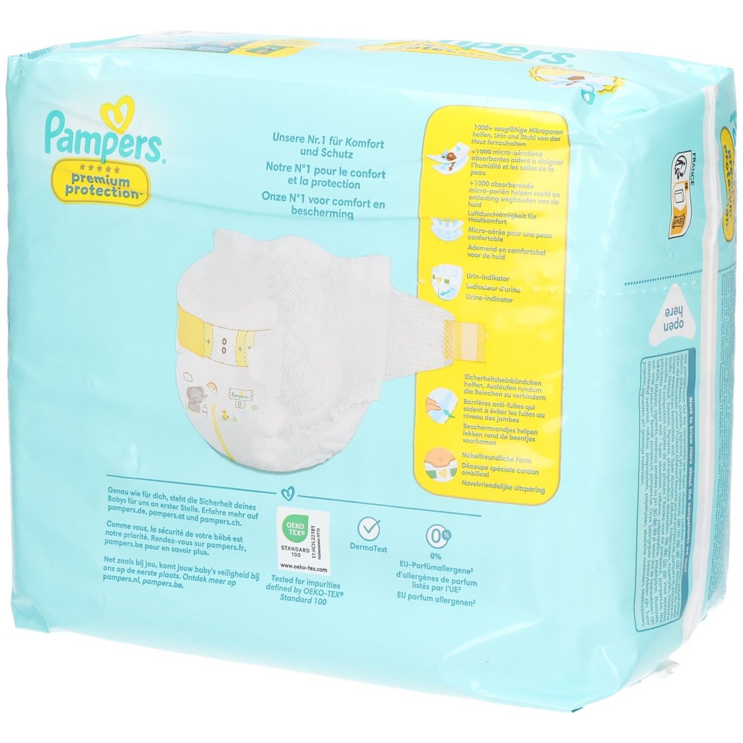 Paquet de couches Pampers Premium Protection avec une couche visible à l'avant. Accents jaunes et blancs.