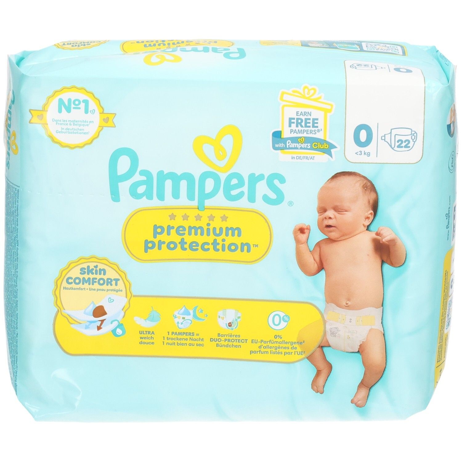 Couches Pampers Premium Protection, taille 0, pour bébés jusqu'à 3 kg, 22 unités.