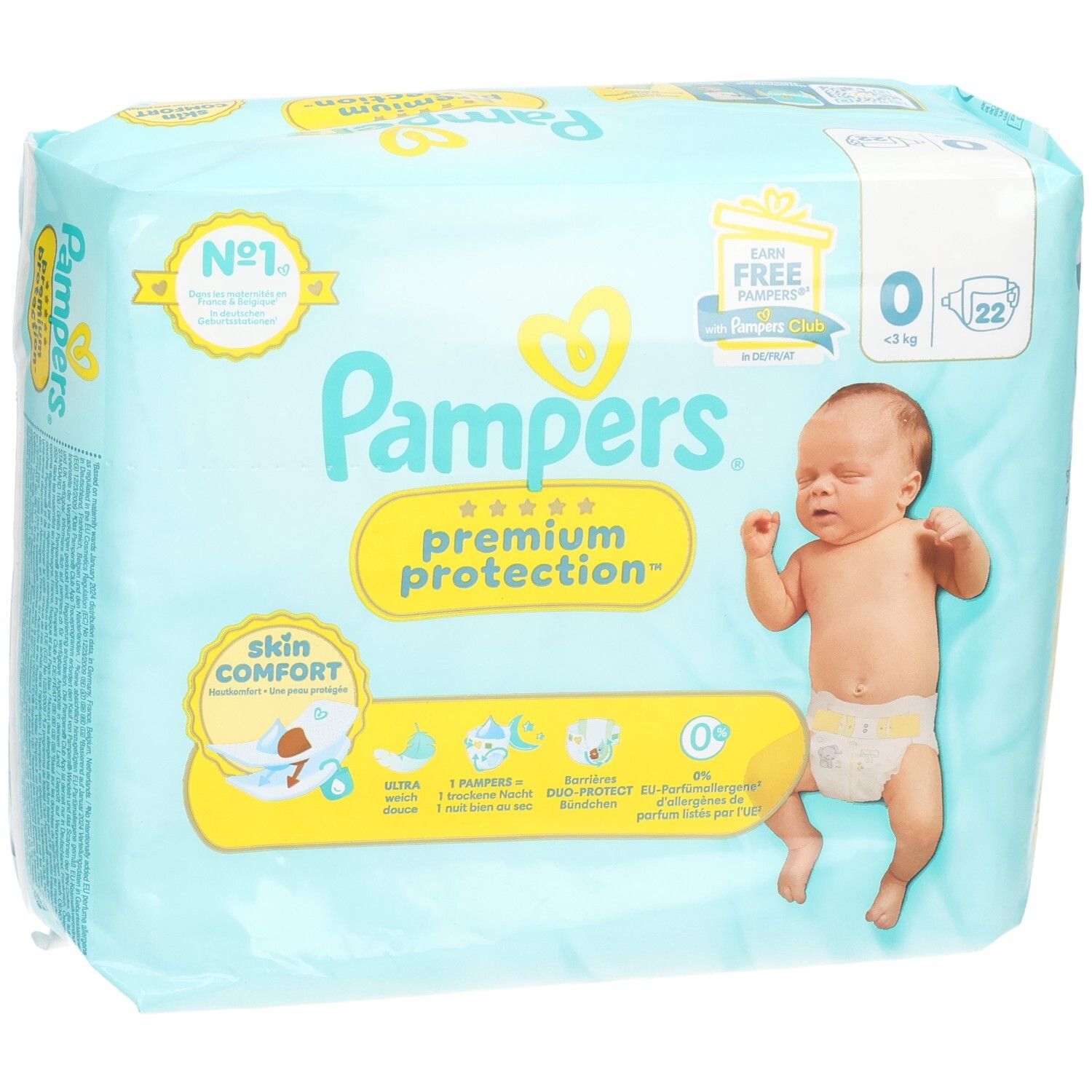 Couches Pampers Premium Protection, taille 0, pour bébés jusqu'à 3 kg, 22 unités.