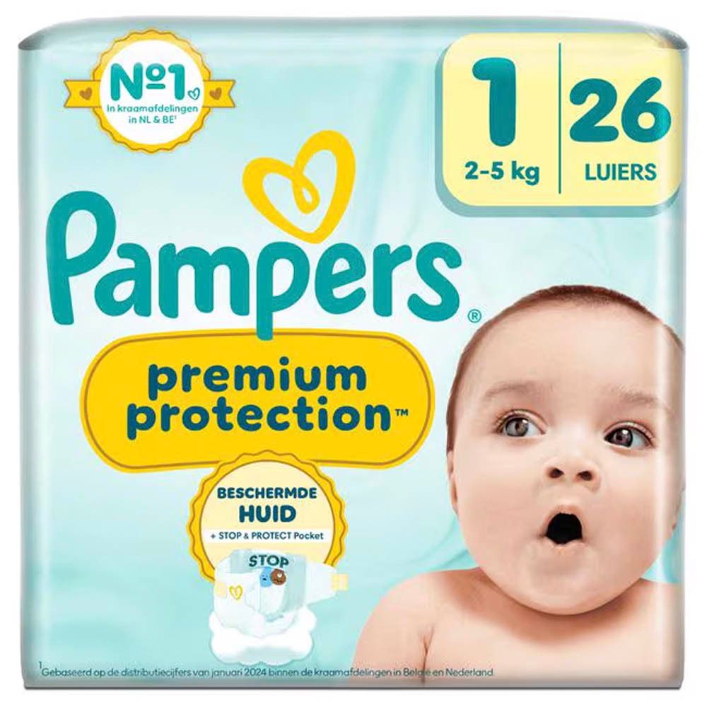 Pampers Premium Protection luiers, maat 1, 26 stuks. Verpakking met baby en productinformatie.