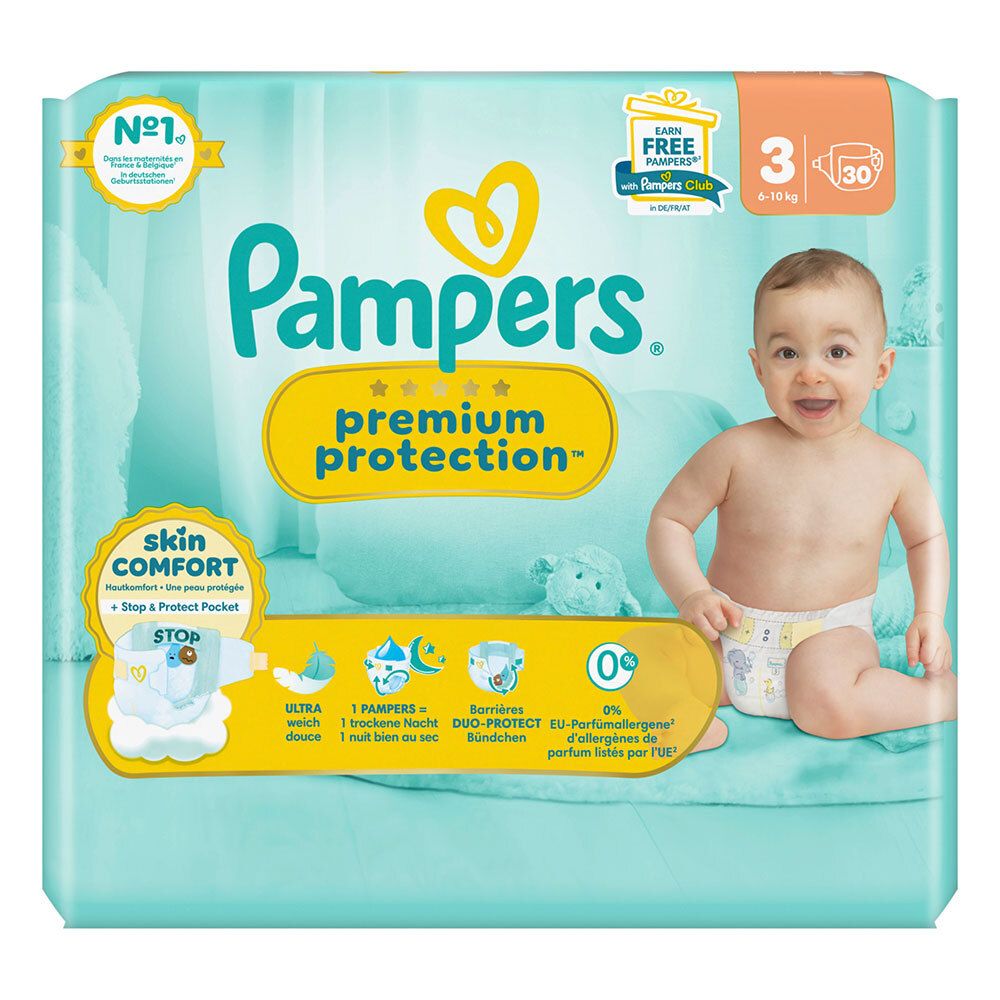 Paquet de couches Pampers Premium Protection taille 3. Bébé souriant et produit. Inscriptions: skin comfort, 0% allergènes, Duo-Protect.