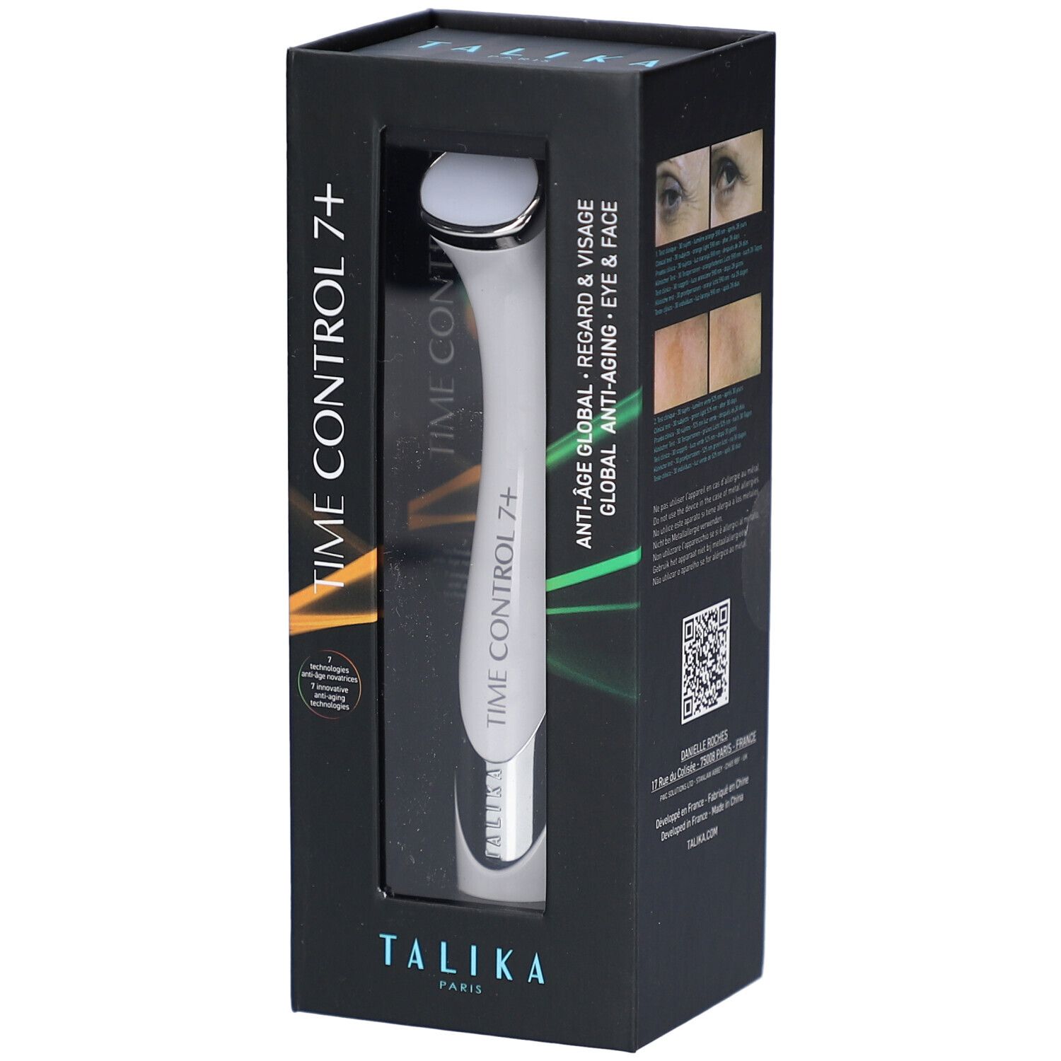 Boîte noire avec appareil blanc. Texte: TIME CONTROL 7+, TALIKA PARIS. Fenêtre montrant l'appareil.
