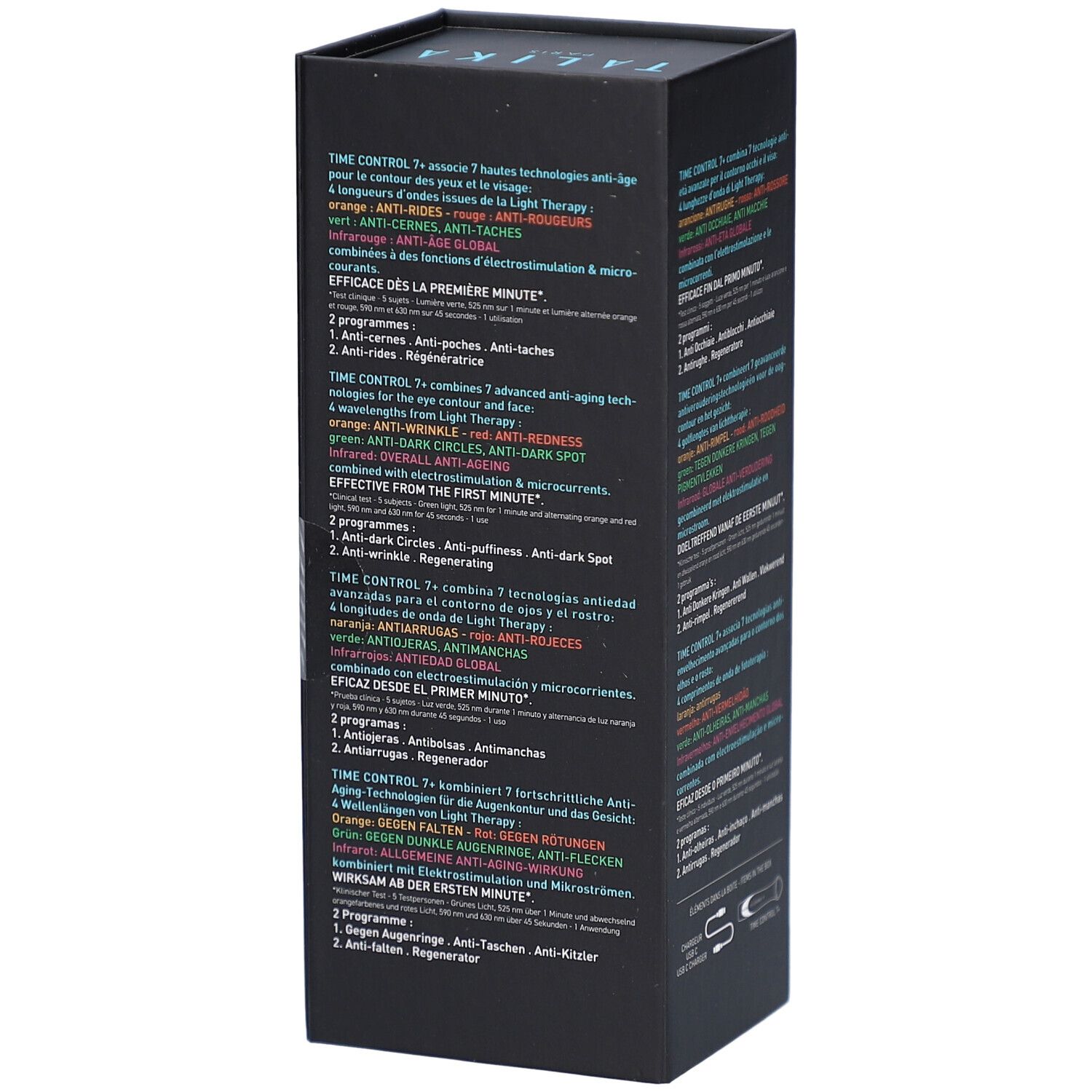 Emballage noir, texte et graphiques. Texte: TIME CONTROL 7+, TALIKA. Contient des informations multilingues.
