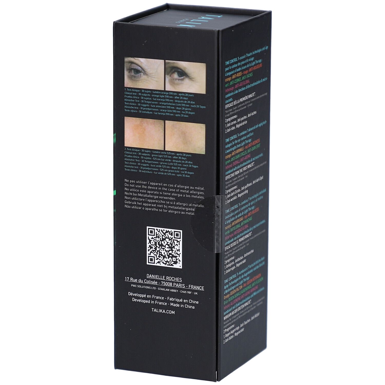 Emballage noir, texte et graphiques. Texte: TIME CONTROL 7+, TALIKA. Contient des informations multilingues.