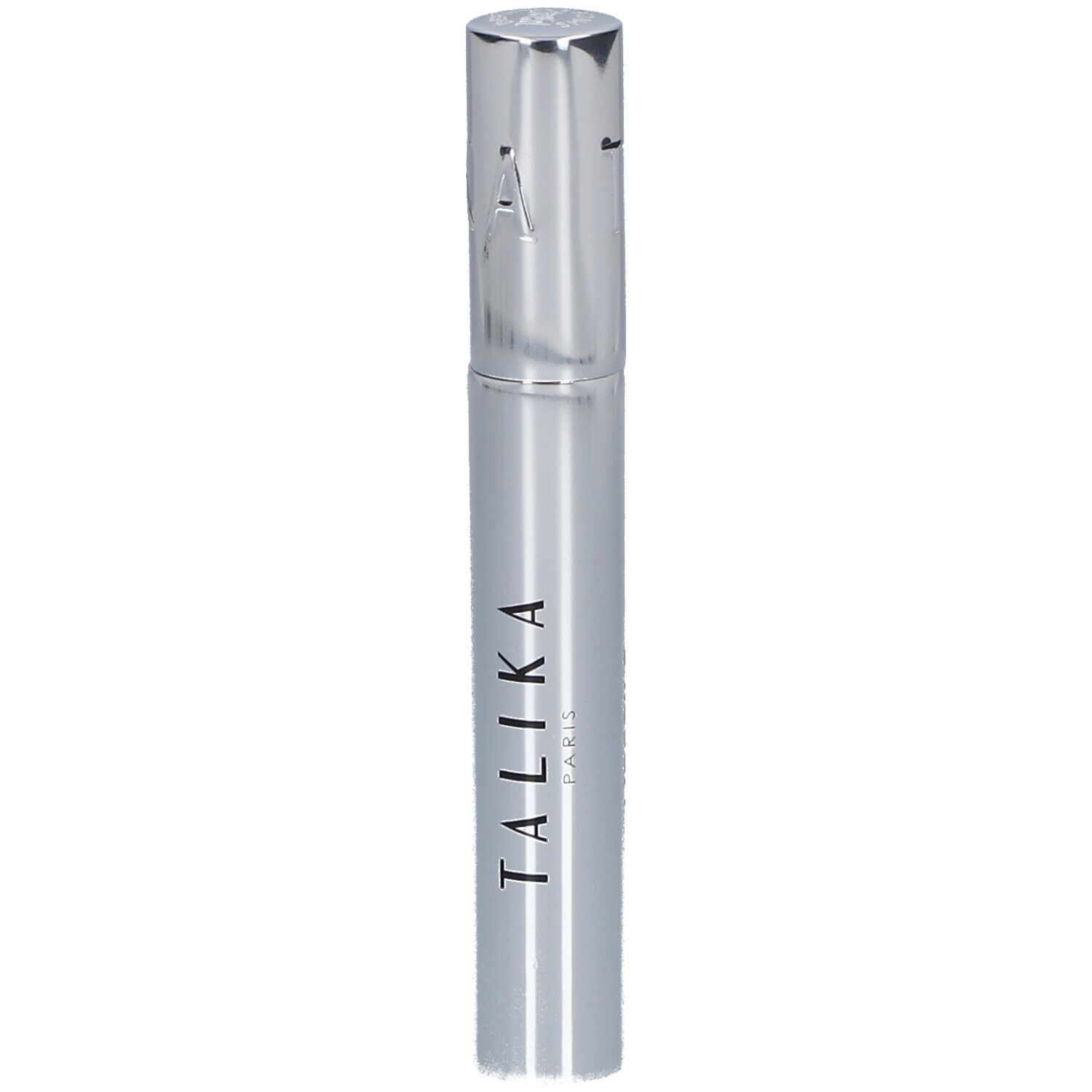 Tube de mascara argenté avec texte noir : TALIKA PARIS. Bouchon avec gravure : KA.