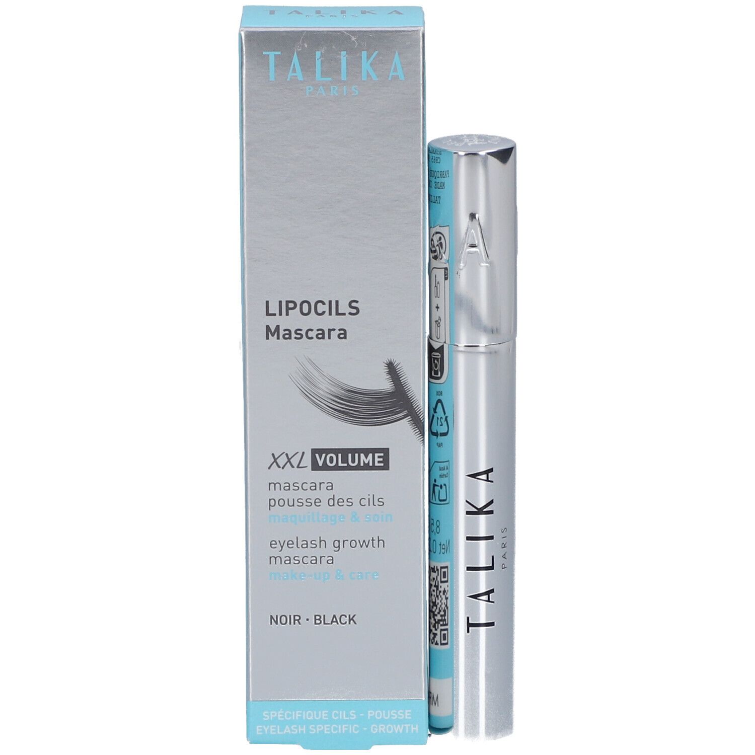 Mascara avec emballage. Emballage avec nom du produit, marque et description. Mascara argenté.
